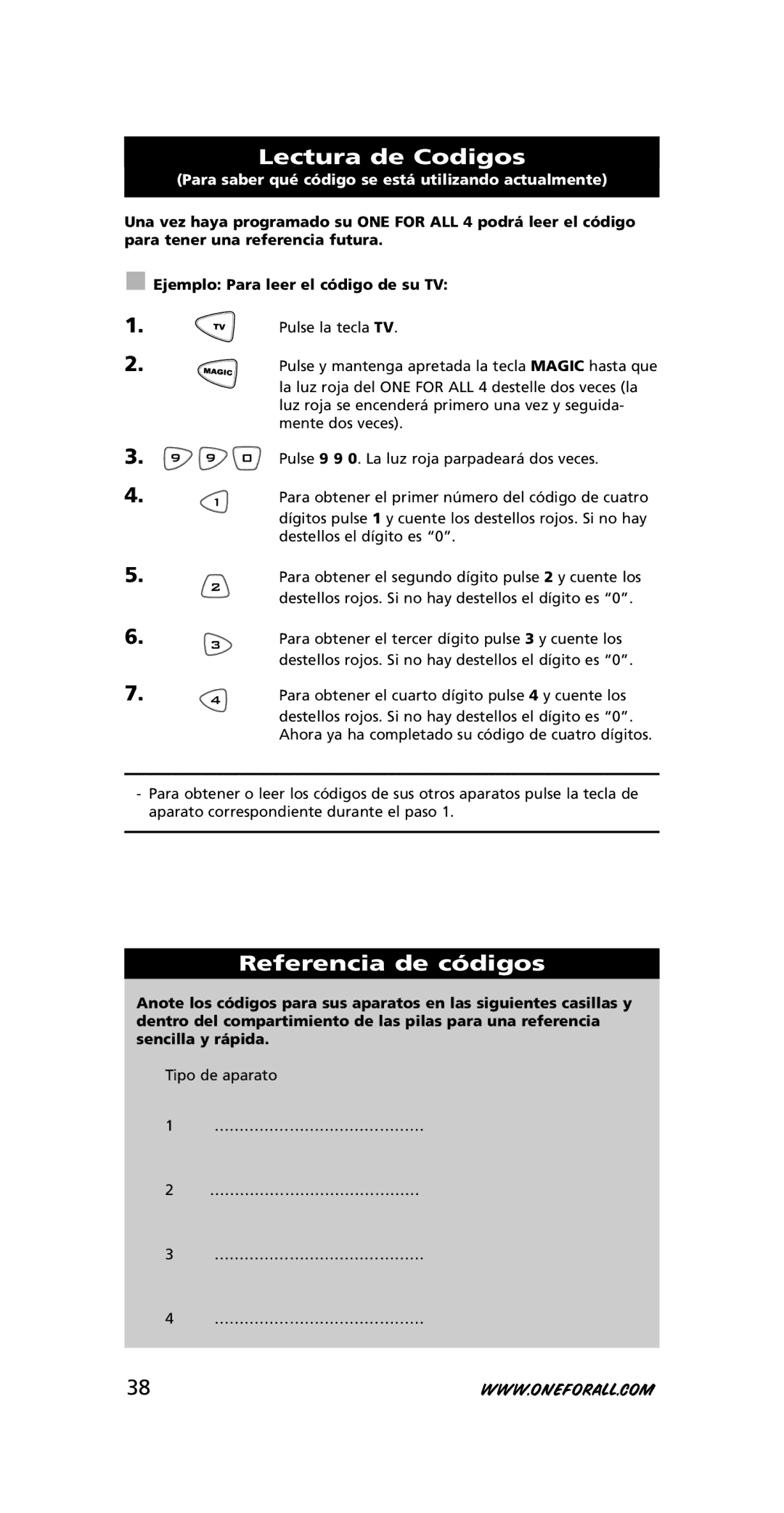 One for All URC-7740 instruction manual Lectura de Codigos, Referencia de códigos 