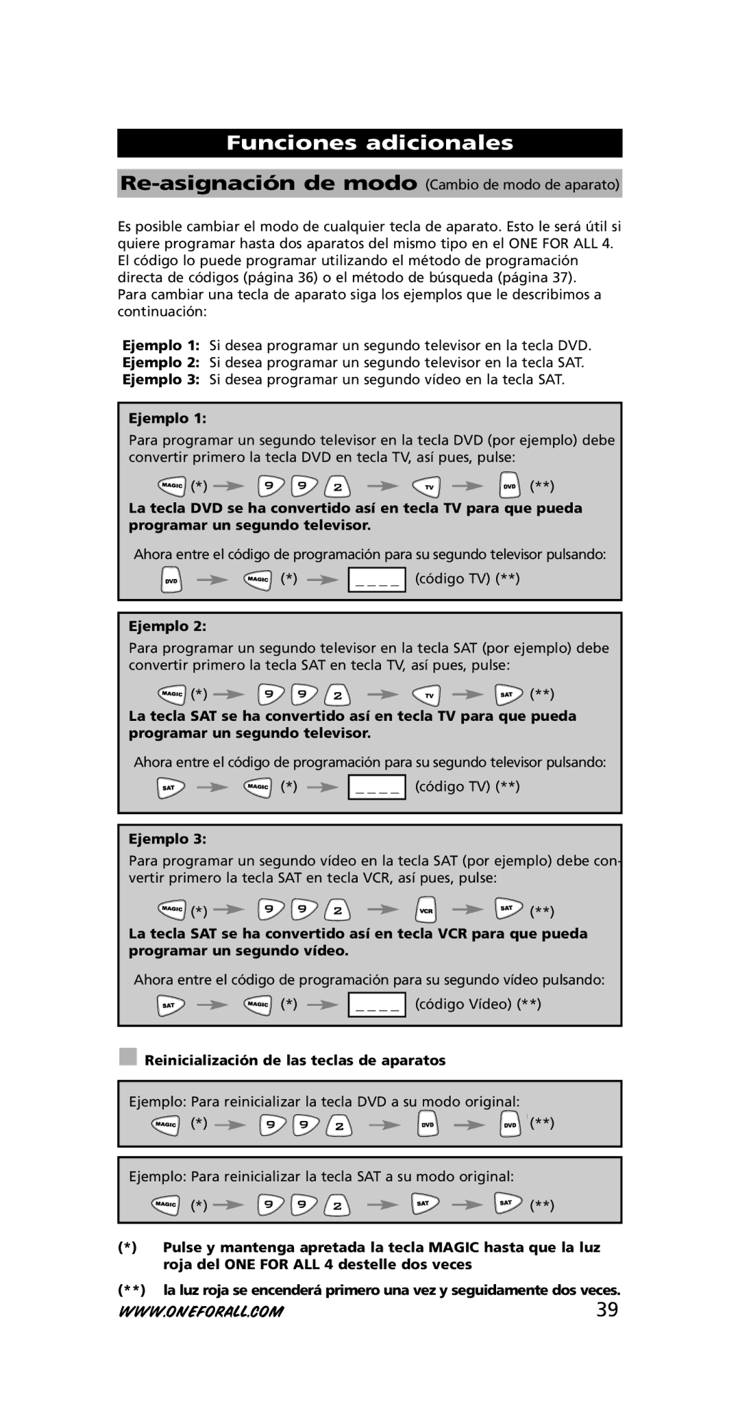 One for All URC-7740 instruction manual Funciones adicionales, Ejemplo, Reinicialización de las teclas de aparatos 