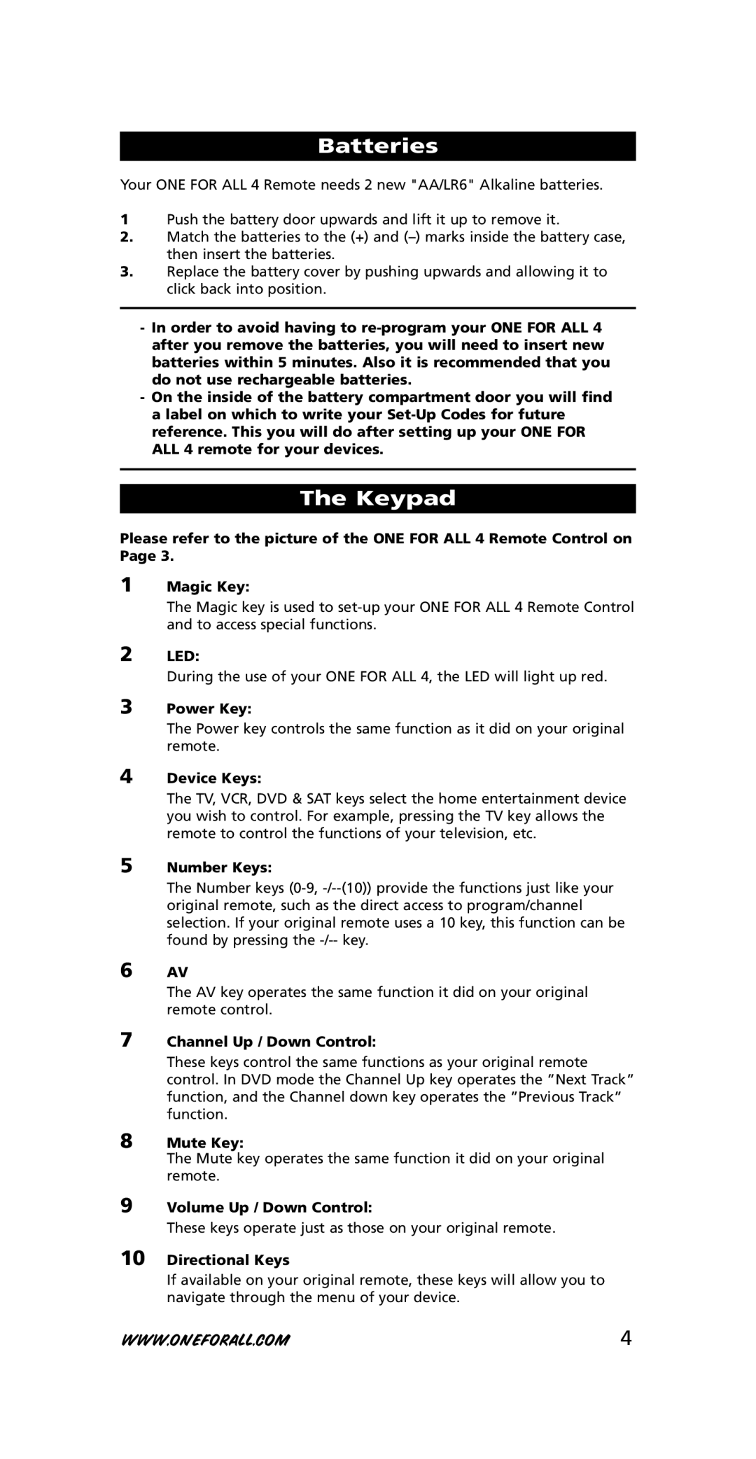 One for All URC-7740 instruction manual Batteries, Keypad, Led 