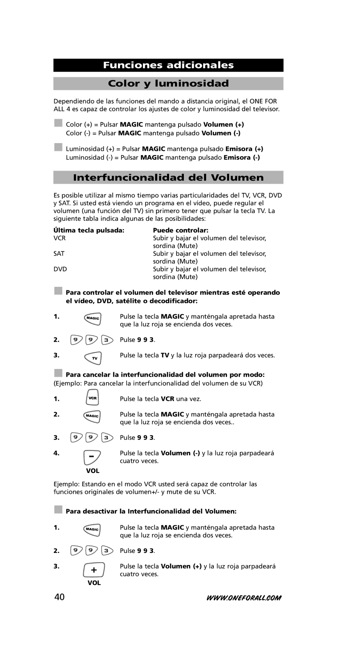 One for All URC-7740 instruction manual Color y luminosidad, Interfuncionalidad del Volumen 