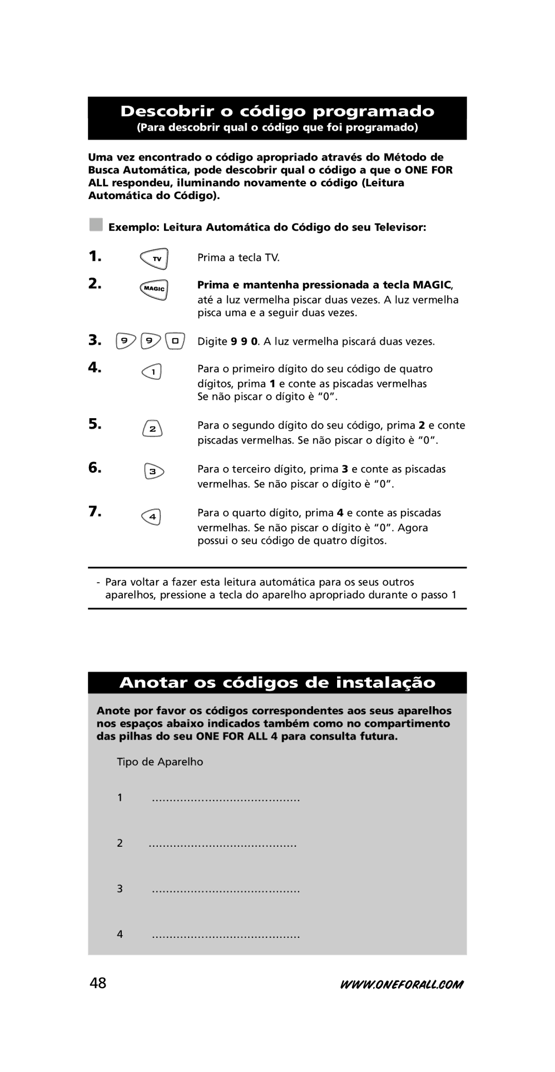 One for All URC-7740 instruction manual Descobrir o código programado, Anotar os códigos de instalação 