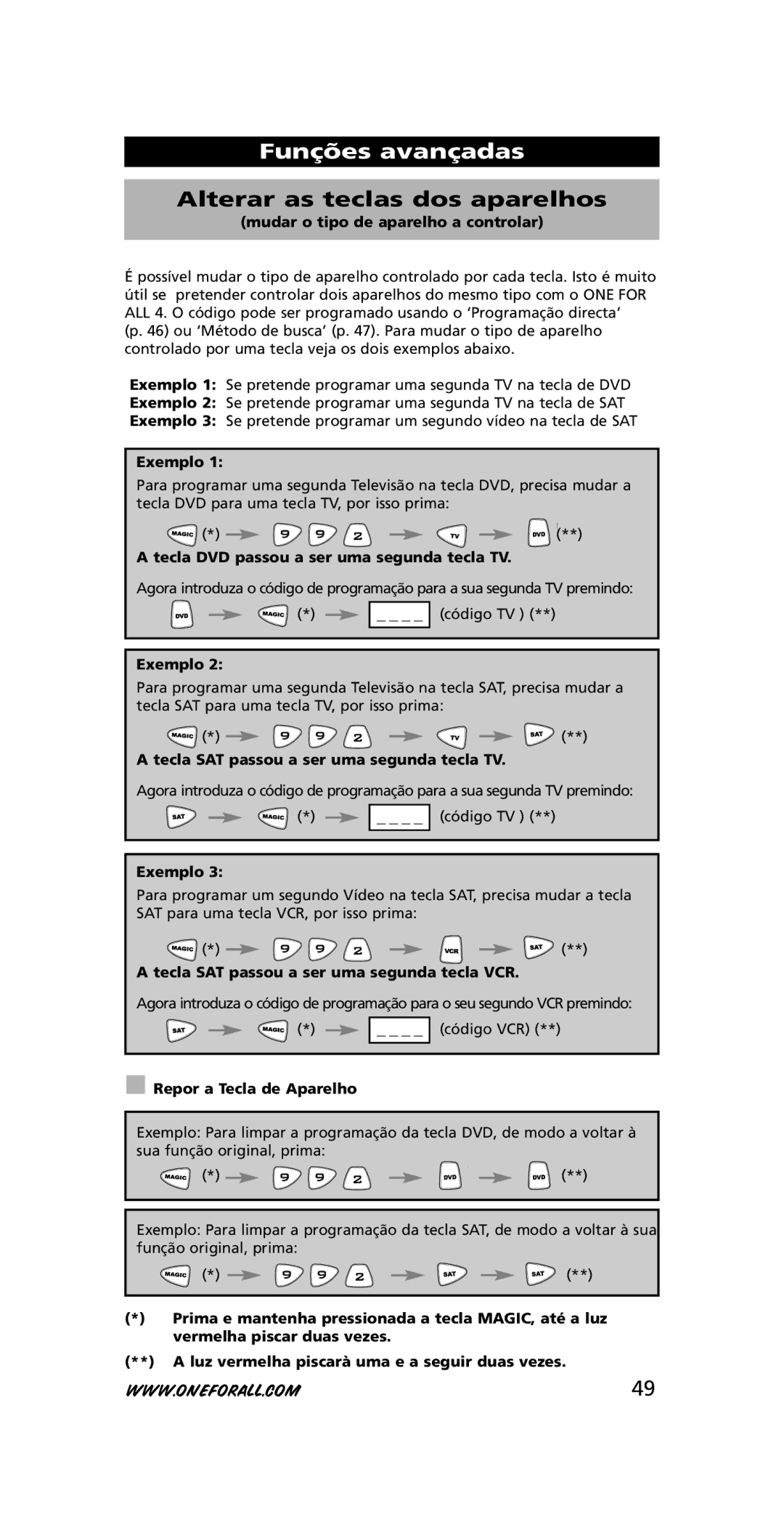 One for All URC-7740 instruction manual Funções avançadas, Alterar as teclas dos aparelhos 