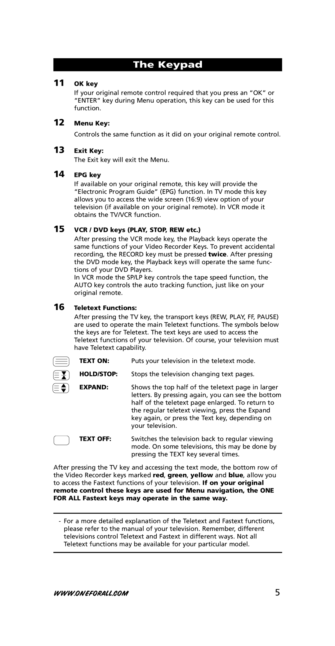 One for All URC-7740 OK key, Menu Key, Exit Key, EPG key, VCR / DVD keys PLAY,STOP, REW etc, Teletext Functions 