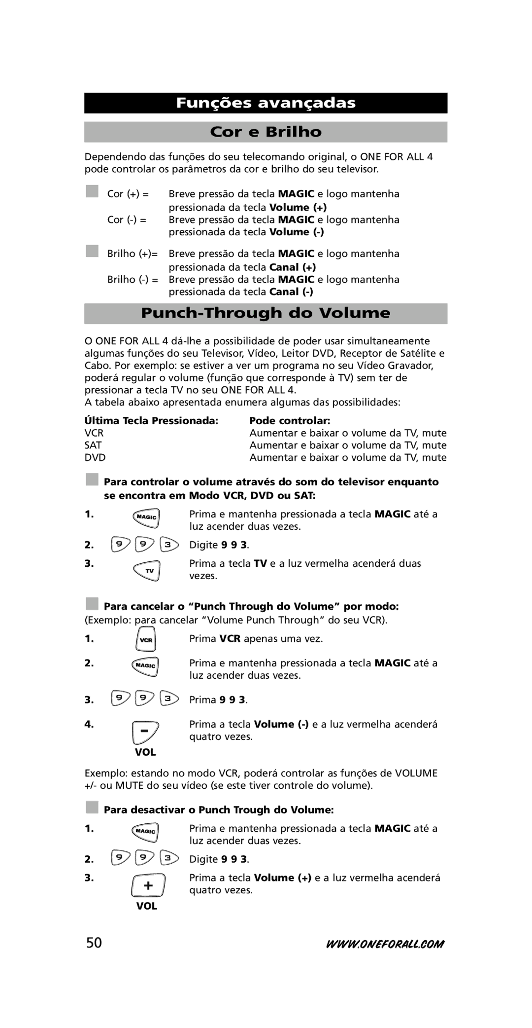 One for All URC-7740 instruction manual Cor e Brilho, Punch-Through do Volume 