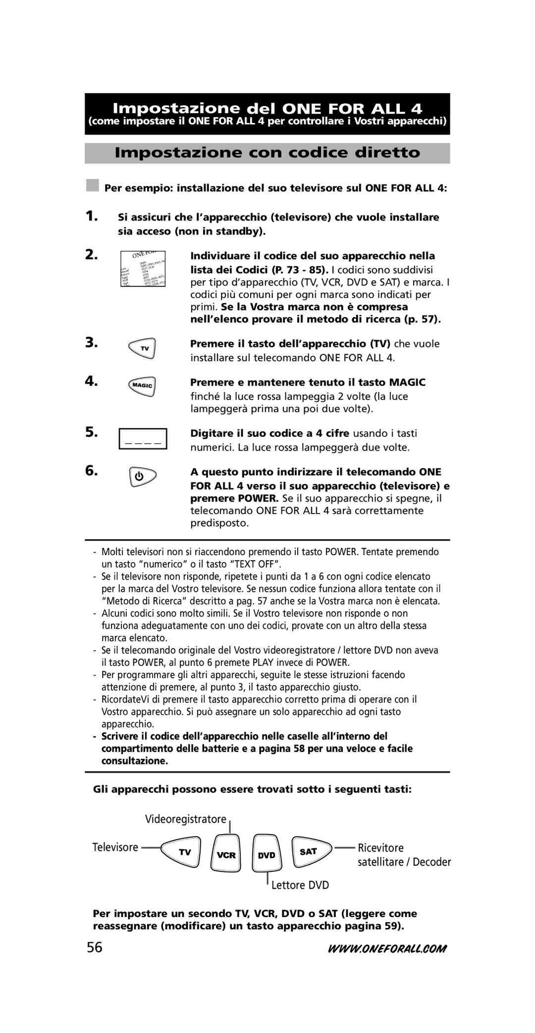 One for All URC-7740 instruction manual Impostazione del ONE for ALL, Impostazione con codice diretto 