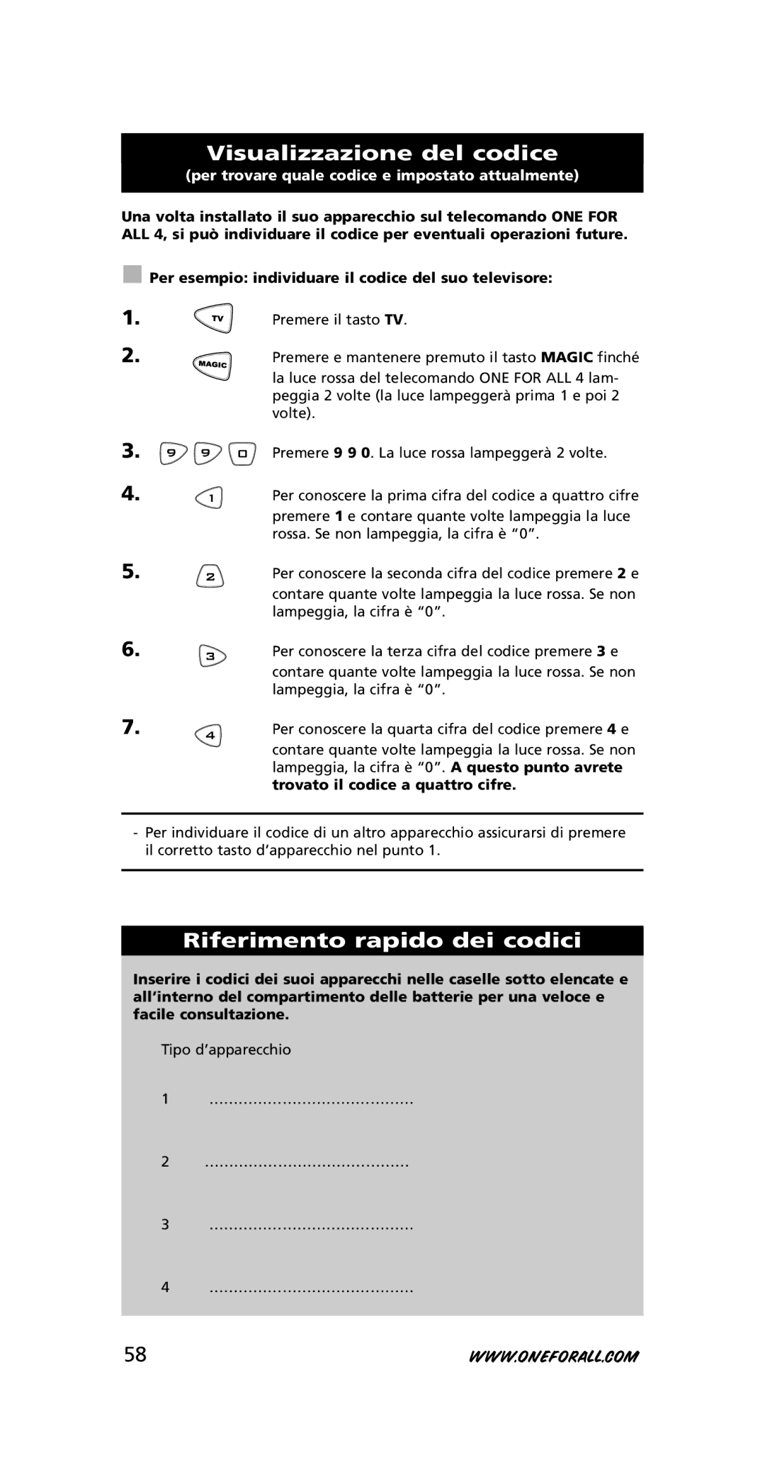 One for All URC-7740 instruction manual Visualizzazione del codice, Riferimento rapido dei codici 