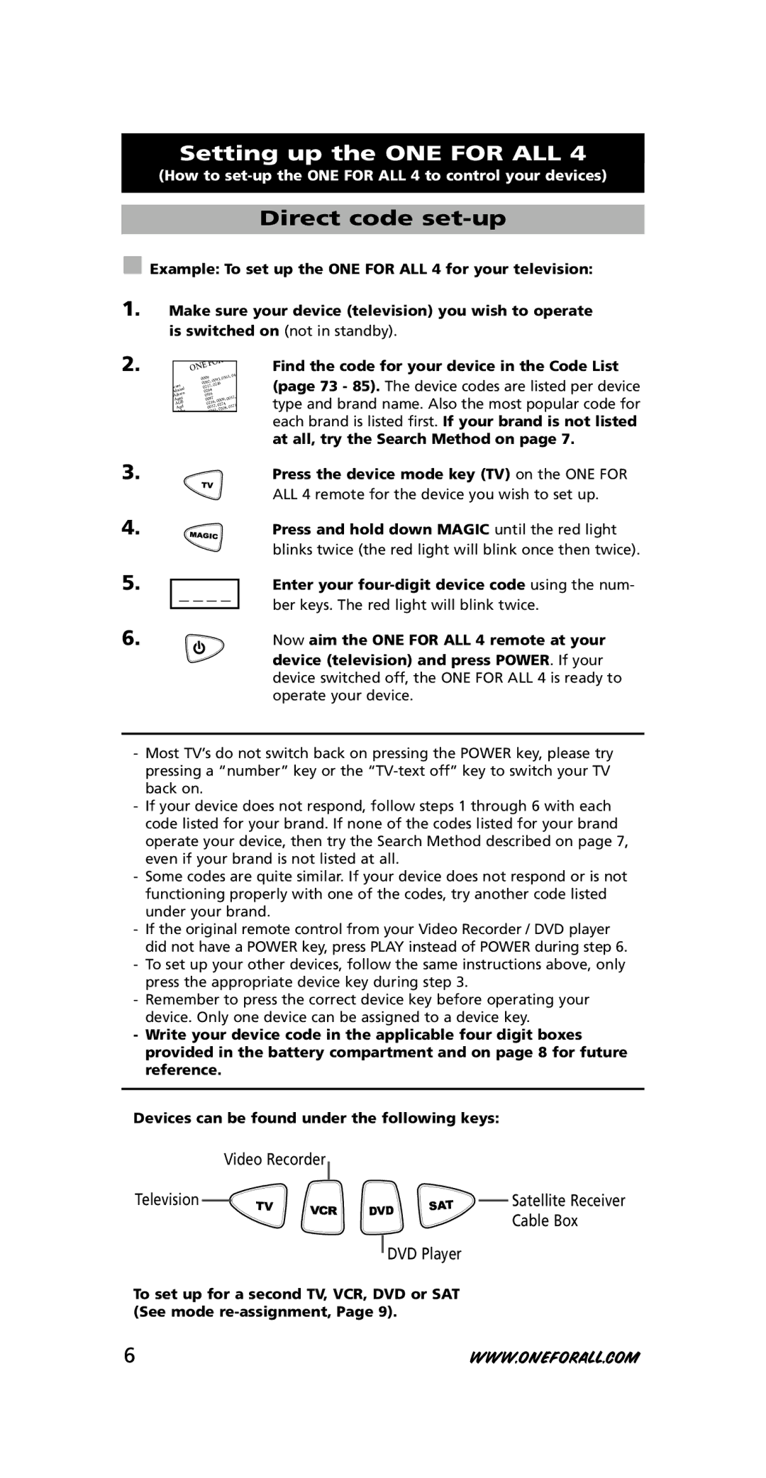 One for All URC-7740 Setting up the ONE for ALL, Direct code set-up, Enter your four-digit device code using the num 