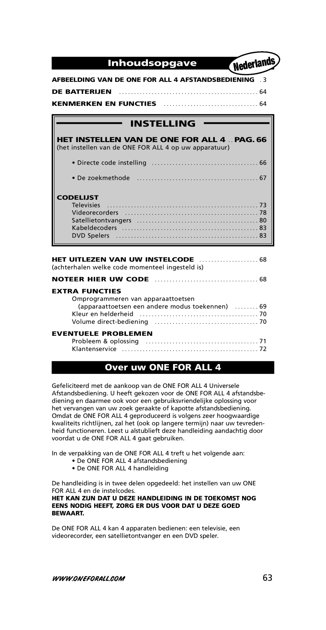 One for All URC-7740 instruction manual Inhoudsopgave, Over uw ONE for ALL 