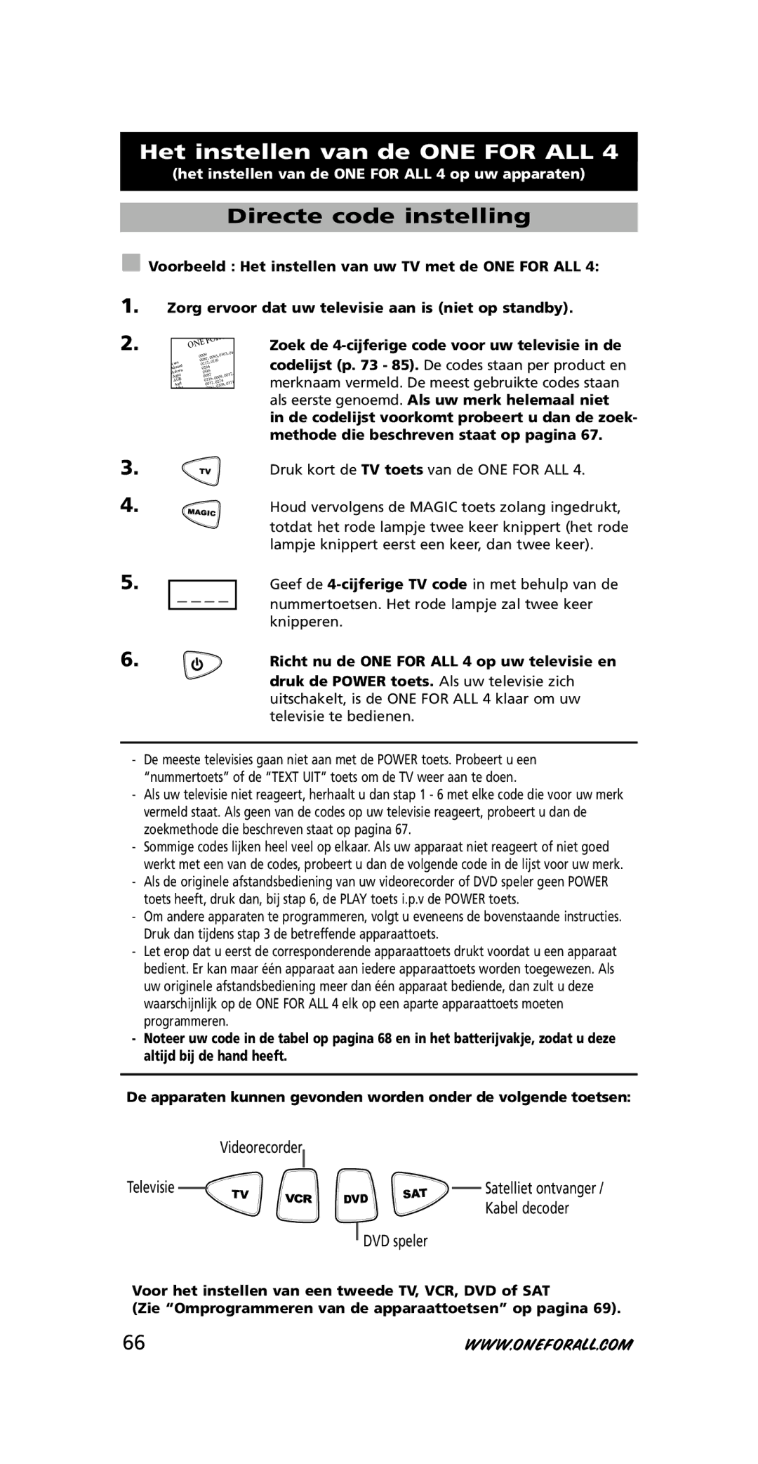 One for All URC-7740 instruction manual Het instellen van de ONE for ALL, Directe code instelling 