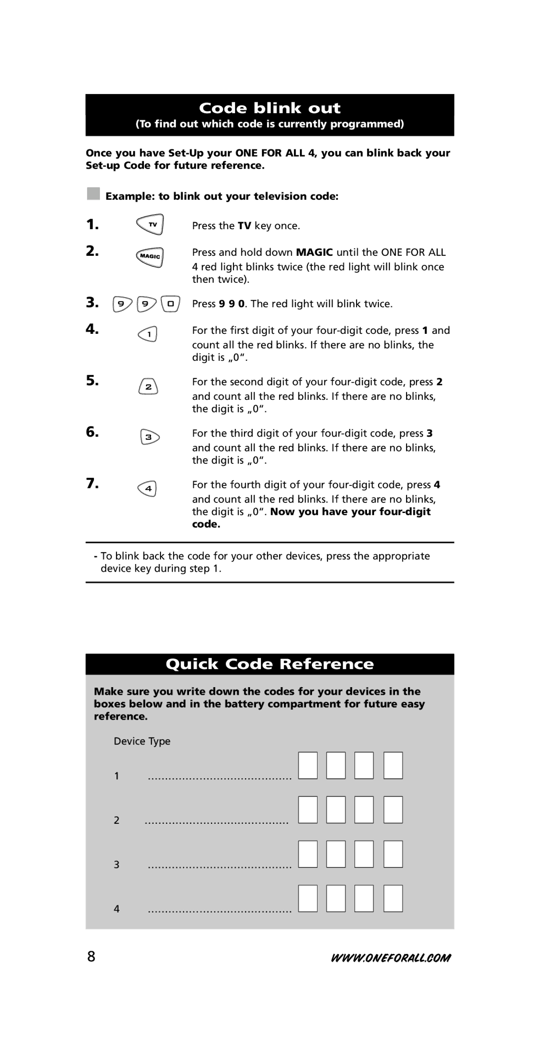 One for All URC-7740 instruction manual Code blink out, Quick Code Reference 