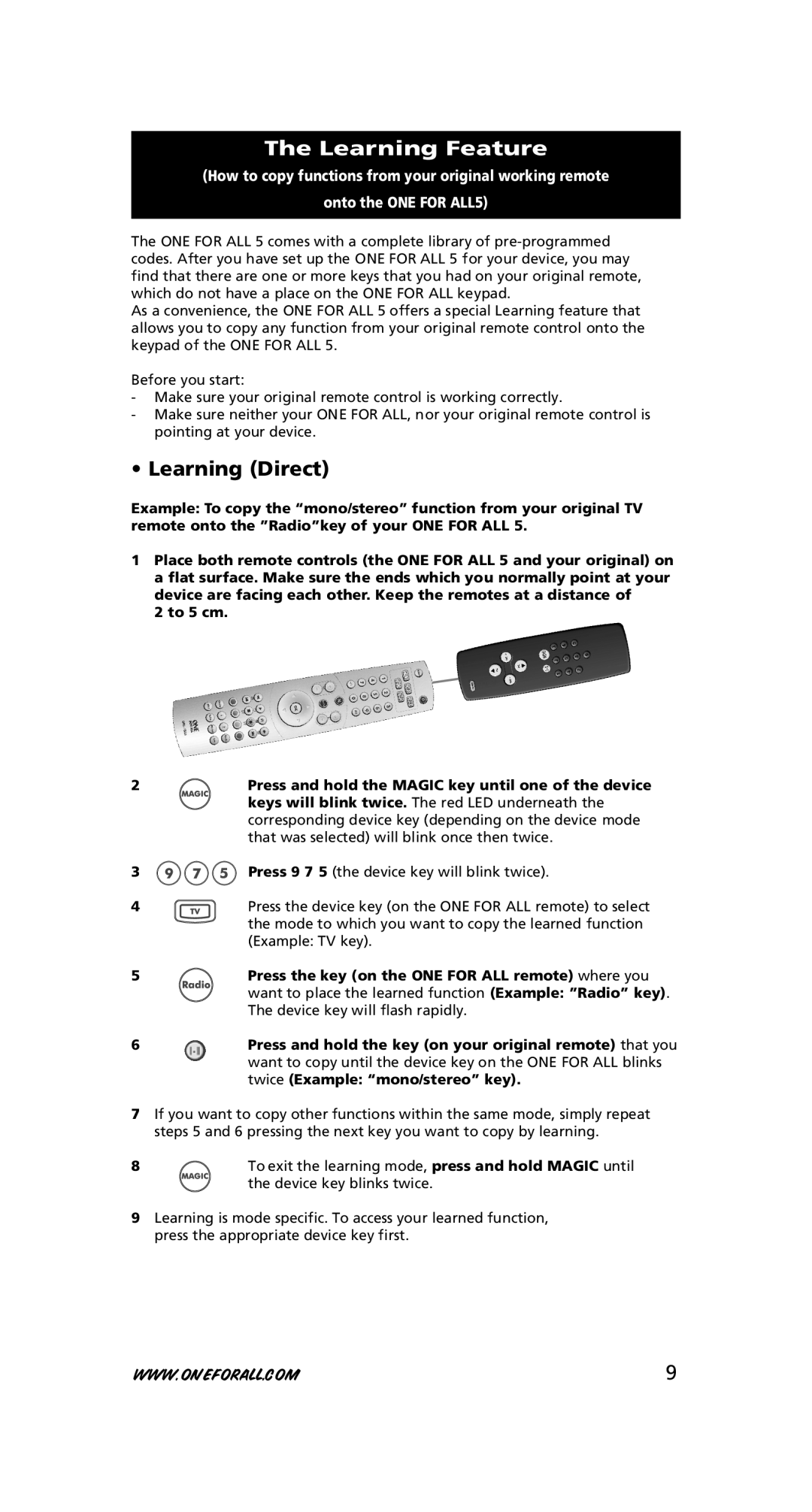 One for All URC-7780 warranty Learning Feature, Learning Direct 