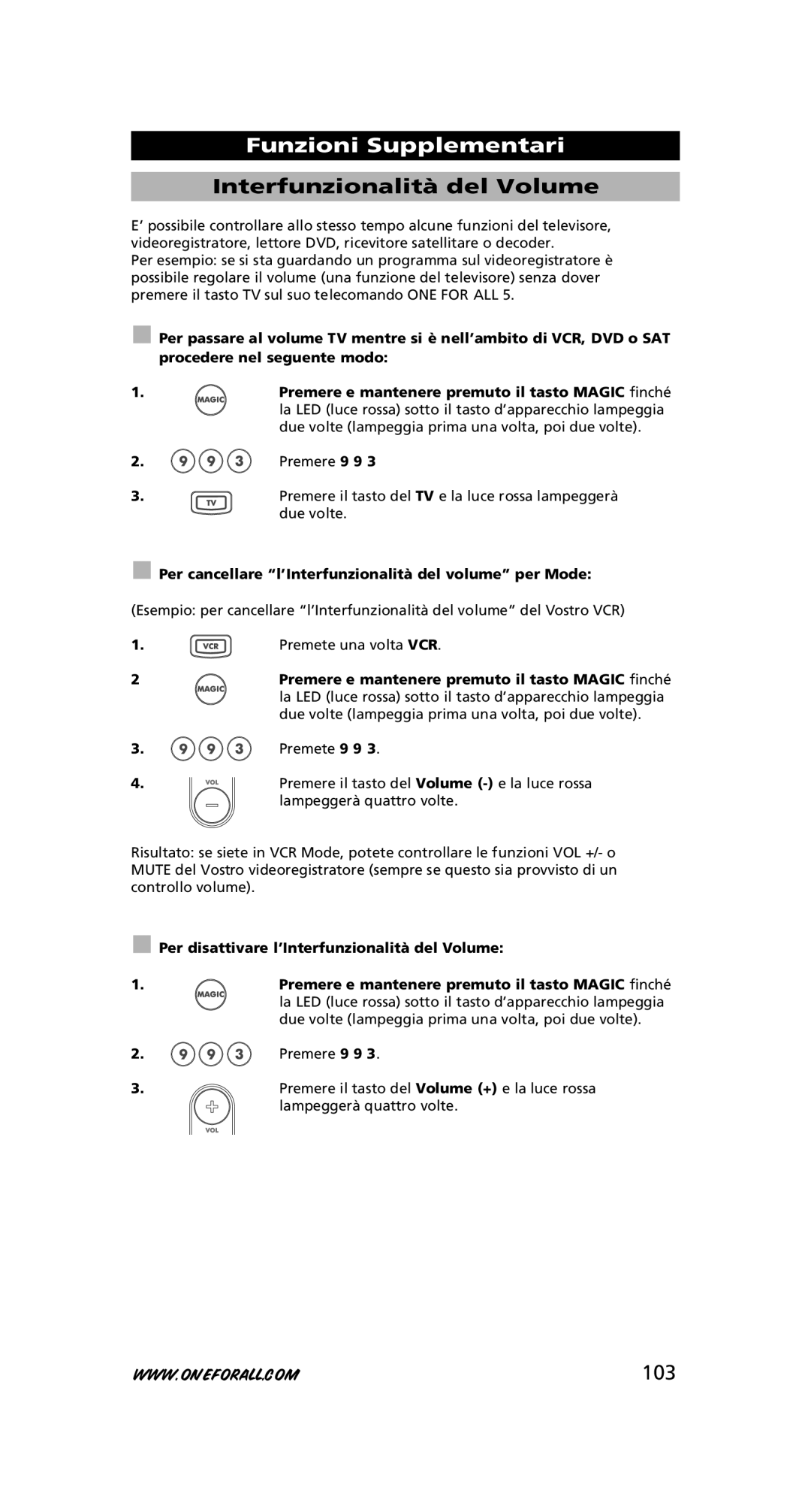 One for All URC-7780 warranty Interfunzionalità del Volume, 103, Per cancellare l’Interfunzionalità del volume per Mode 