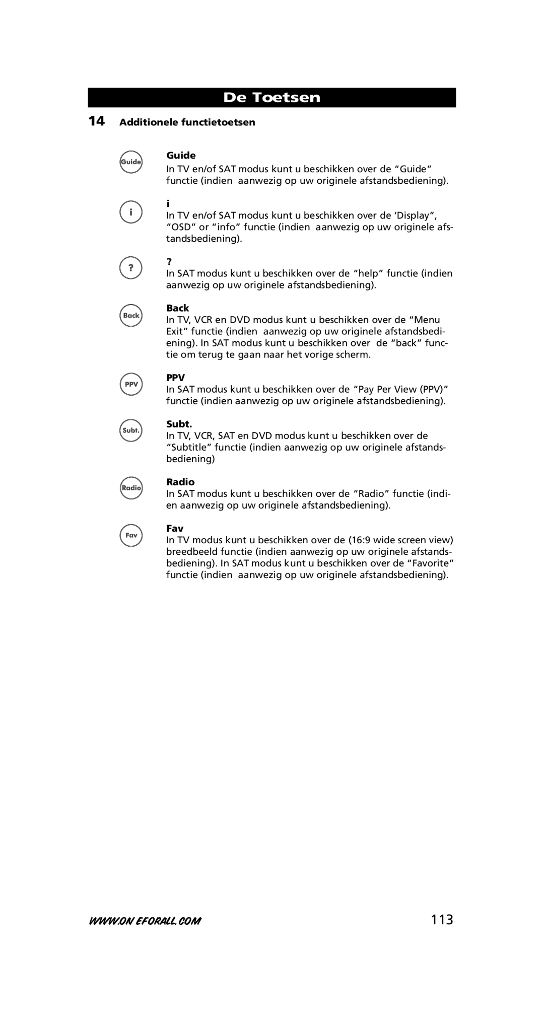 One for All URC-7780 warranty 113, Additionele functietoetsen Guide 