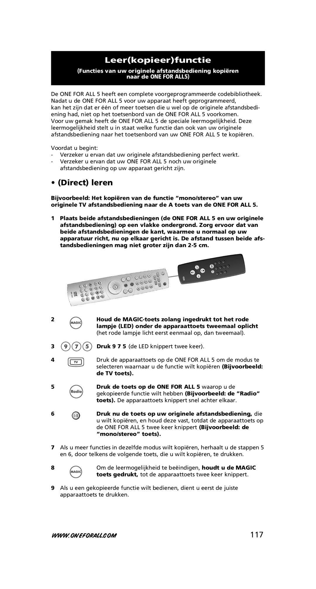 One for All URC-7780 warranty Leerkopieerfunctie, Direct leren, 117 