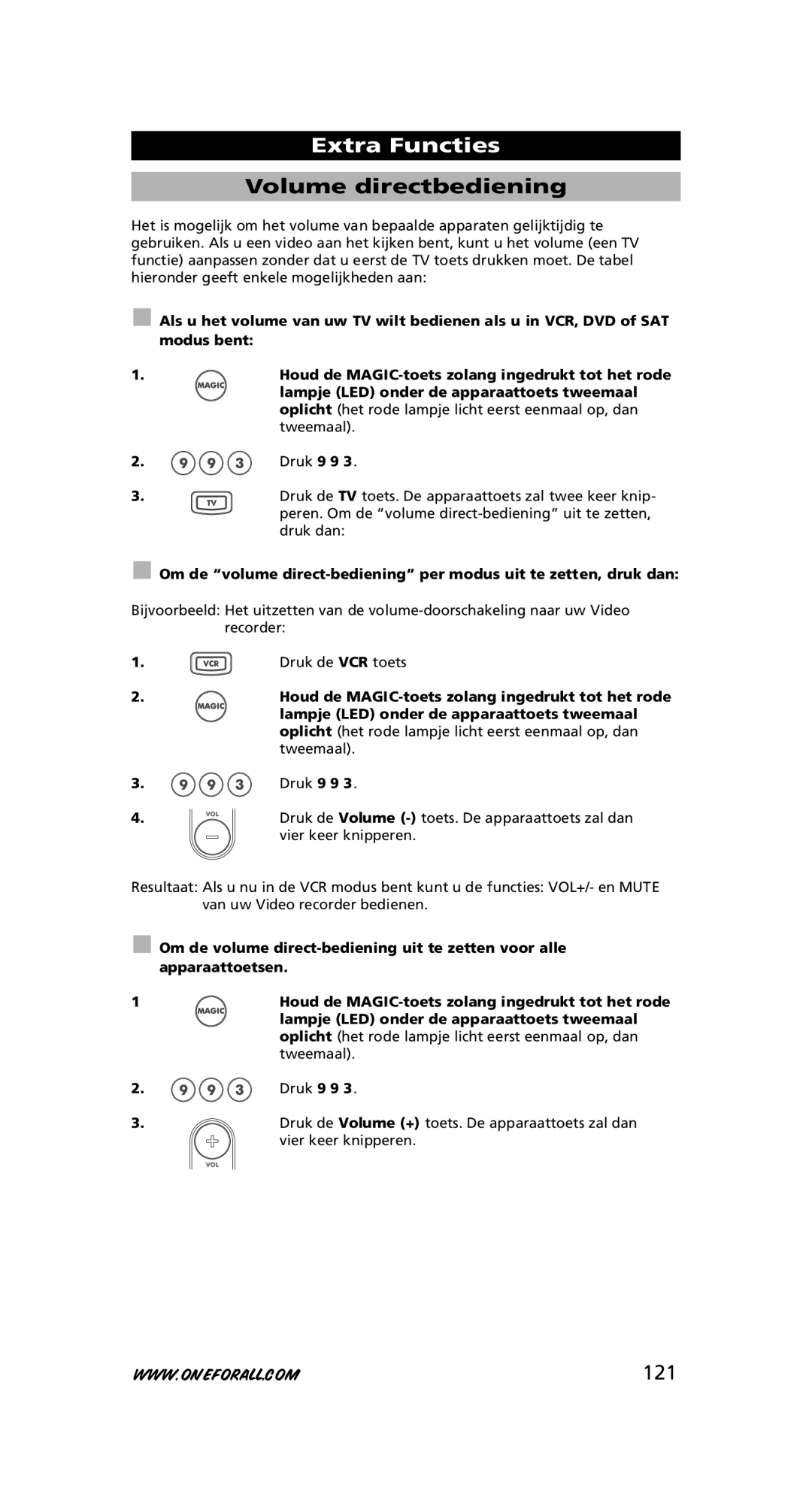 One for All URC-7780 warranty Volume directbediening, 121 