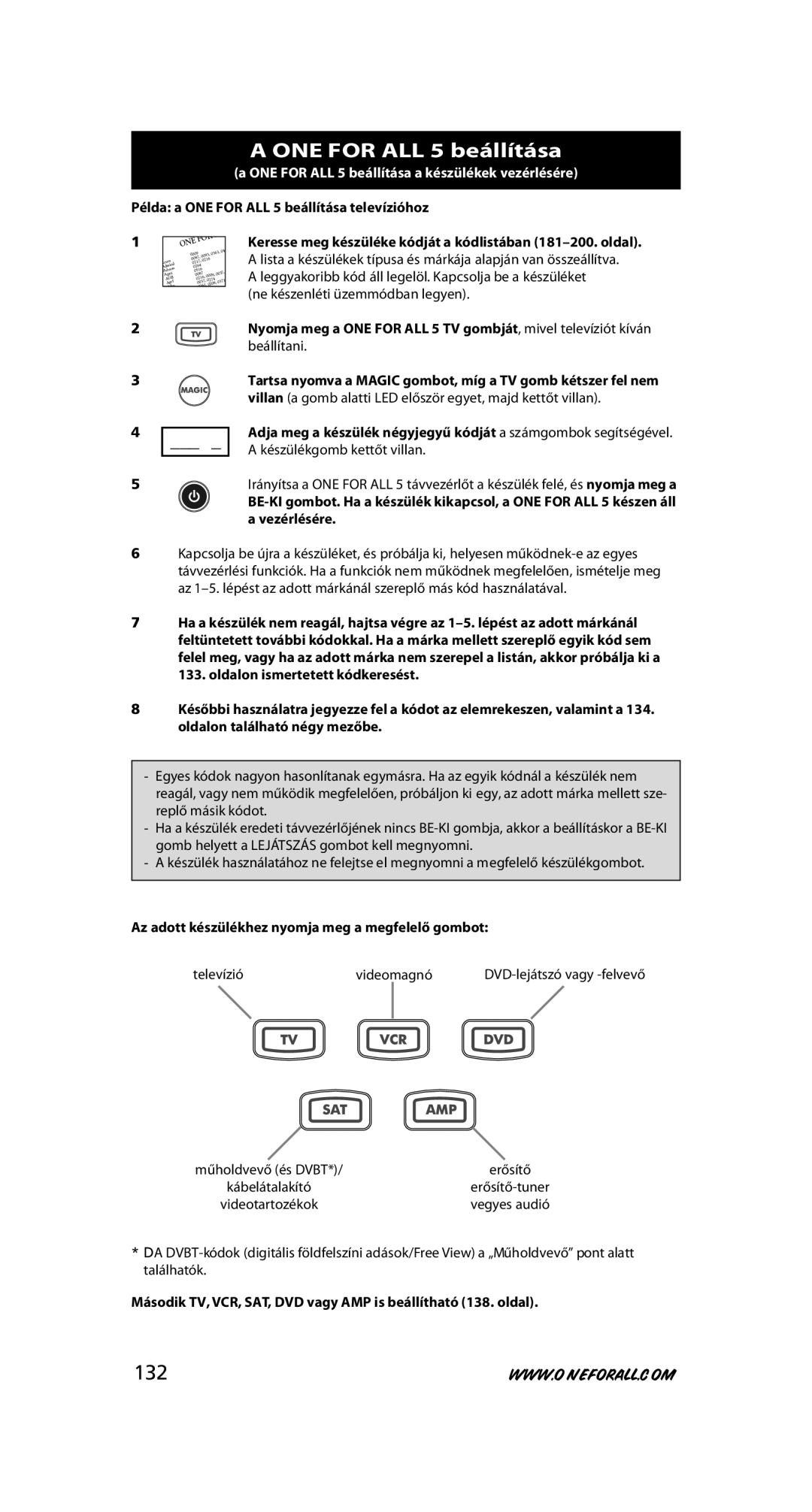 One for All URC-7780 warranty ONE for ALL 5 beállítása, Keresse meg készüléke kódját a kódlistában 181-200. oldal 