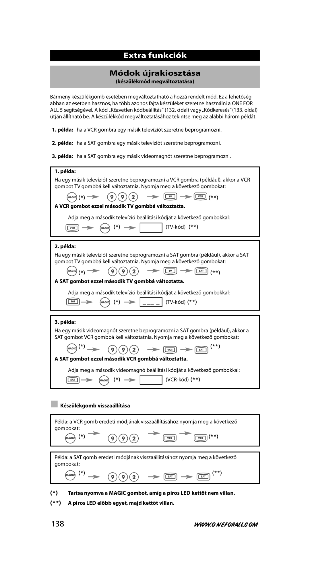 One for All URC-7780 warranty Extra funkciók, Módok újrakiosztása, 138 