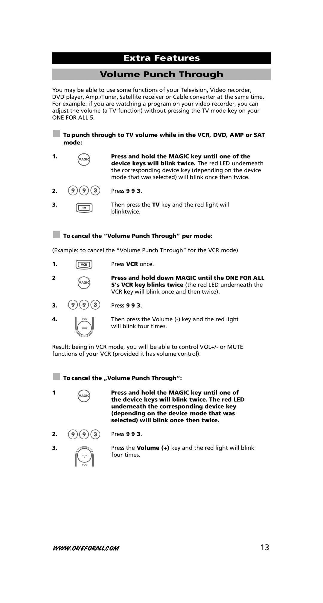 One for All URC-7780 warranty ONE for ALL, To cancel the Volume Punch Through per mode 