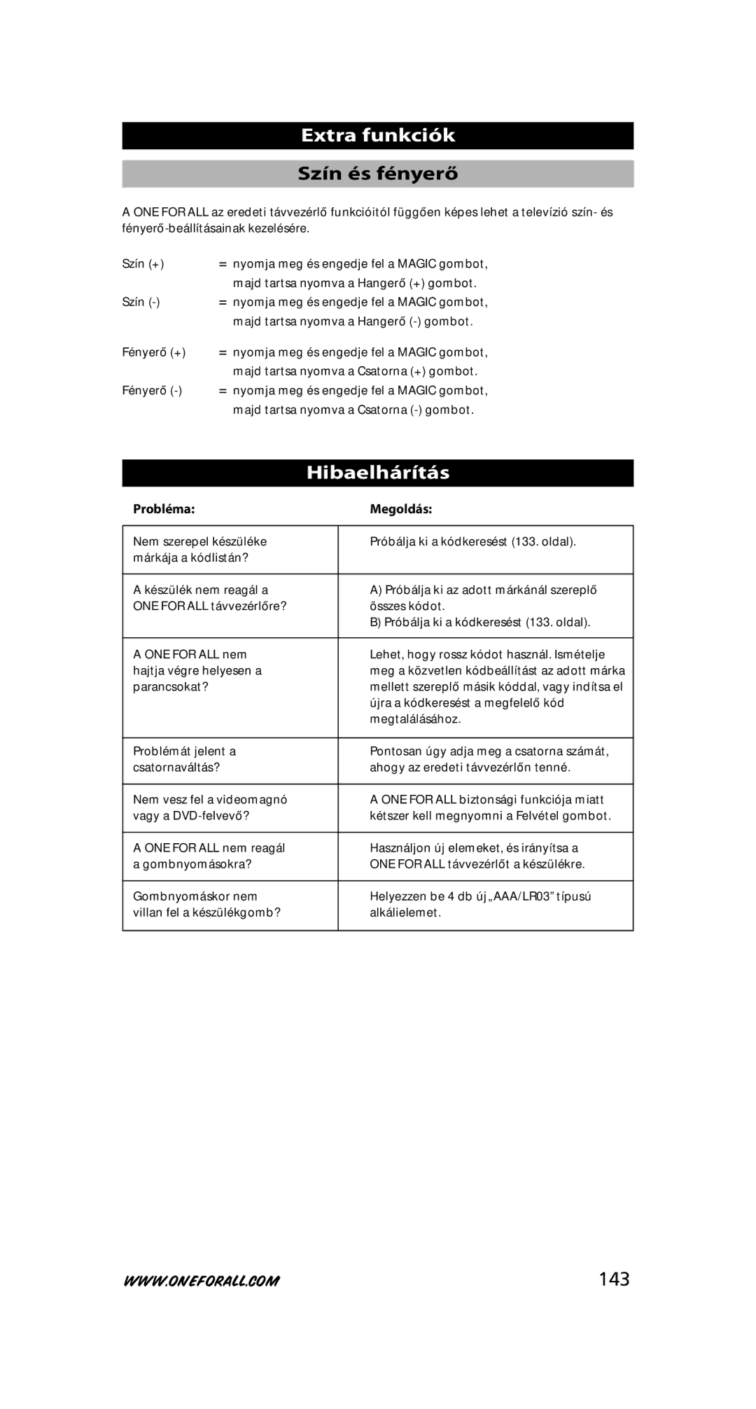 One for All URC-7780 warranty Szín és fényerő, Hibaelhárítás, 143, Probléma Megoldás 