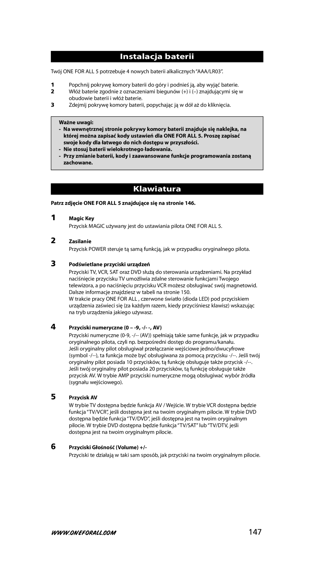 One for All URC-7780 warranty Instalacja baterii, Klawiatura, 147 