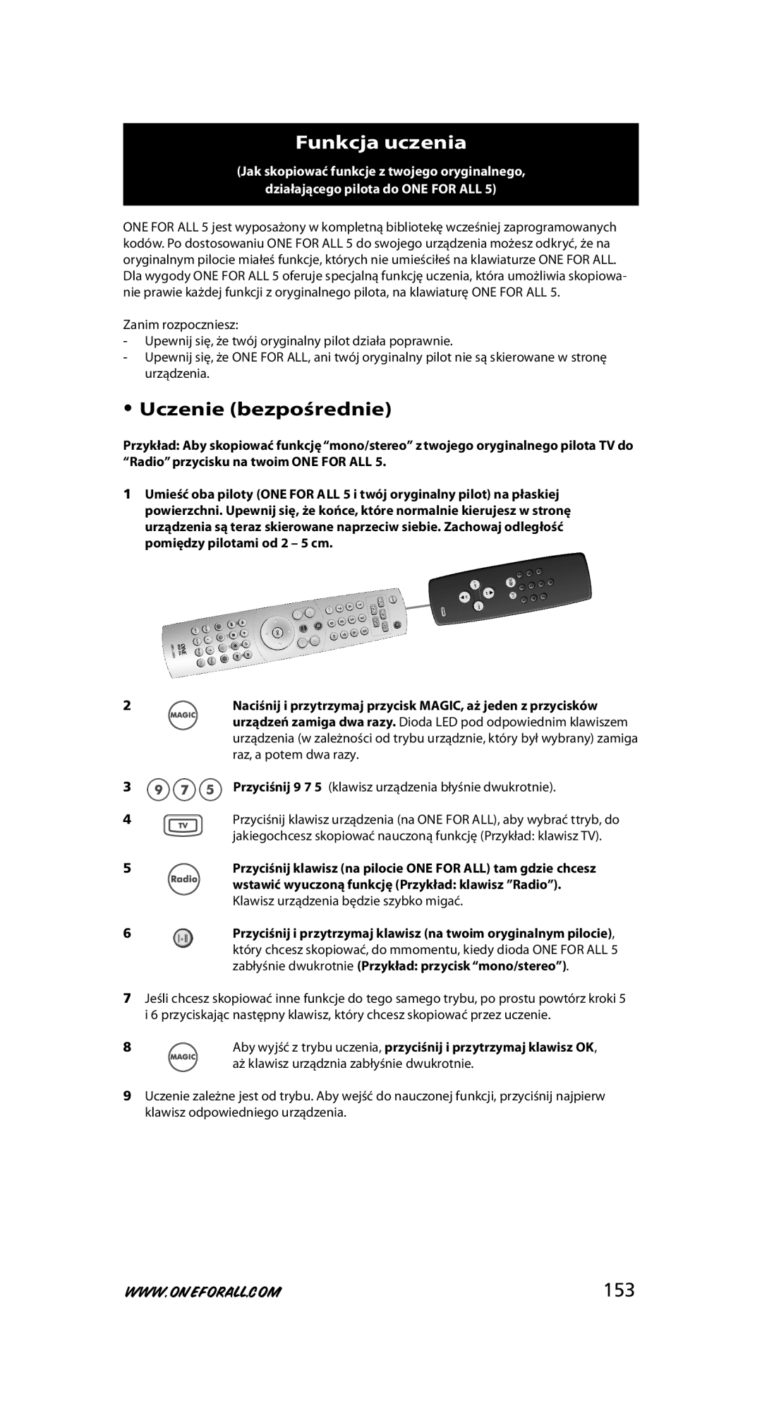 One for All URC-7780 warranty Funkcja uczenia, Uczenie bezpośrednie, 153 