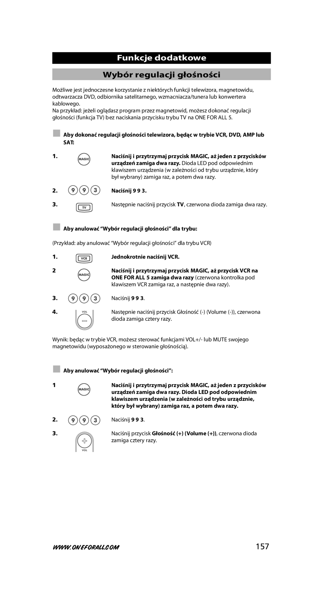 One for All URC-7780 warranty Funkcje dodatkowe, Wybór regulacji głośności, 157 