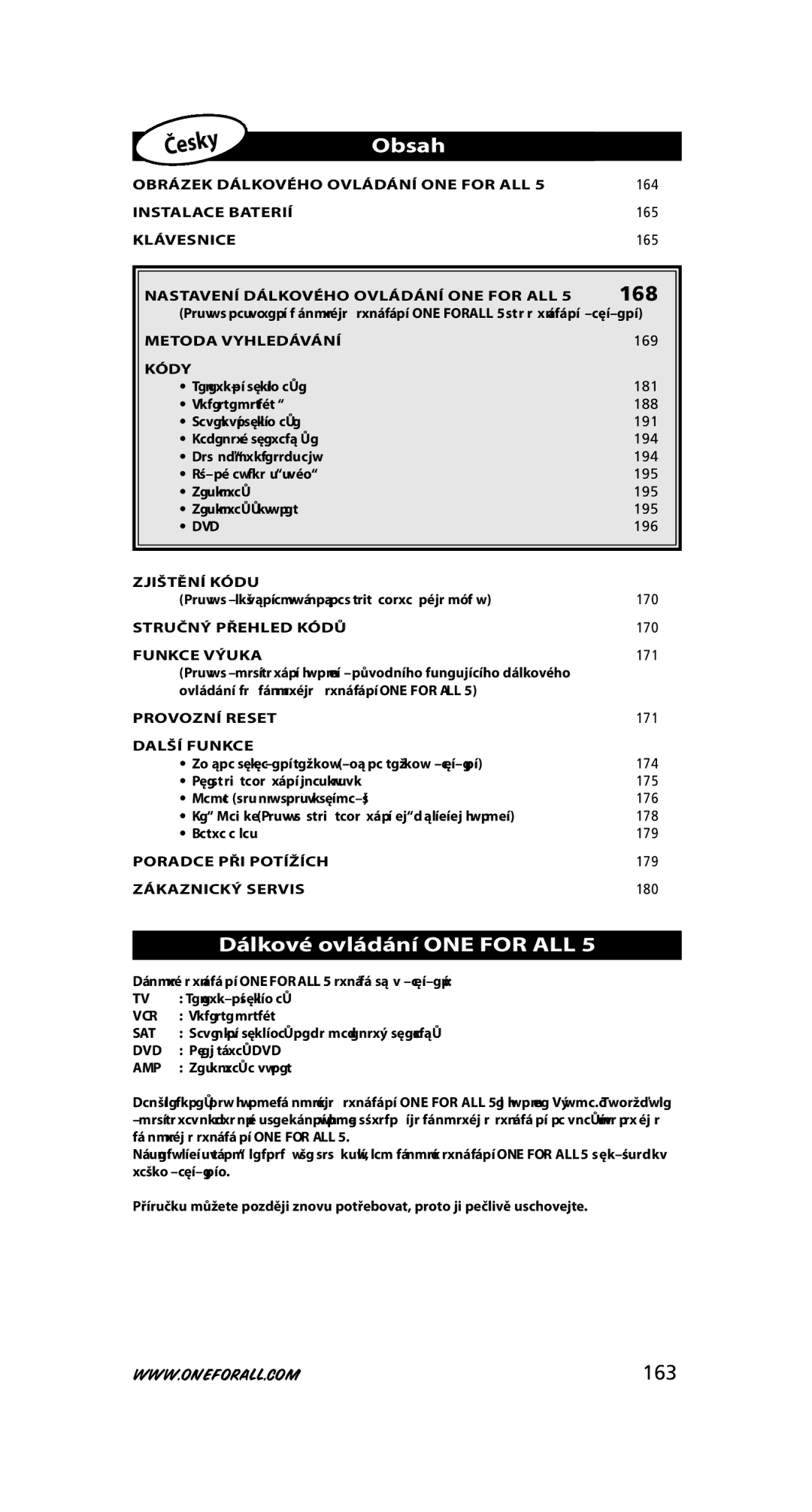 One for All URC-7780 warranty Obsah, 168, Dálkové ovládání ONE for ALL, 163 