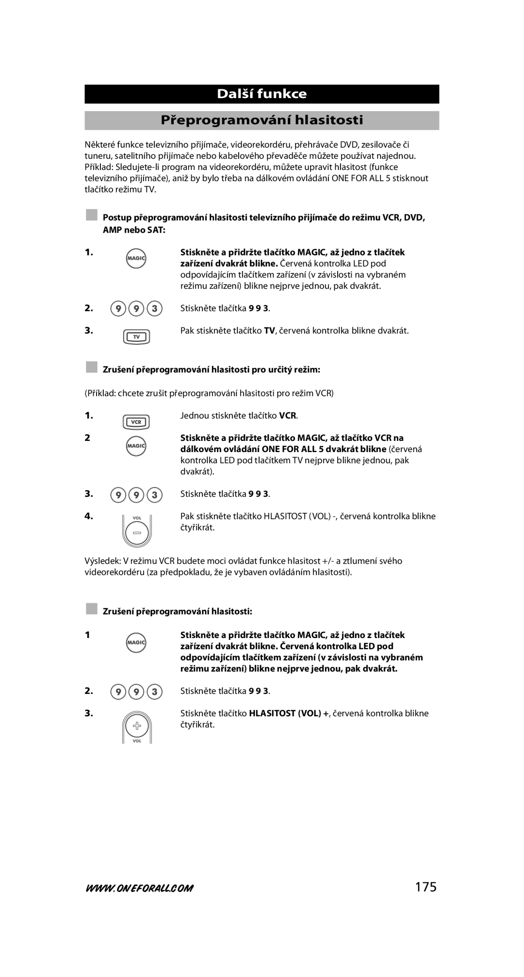 One for All URC-7780 warranty Přeprogramování hlasitosti, 175 