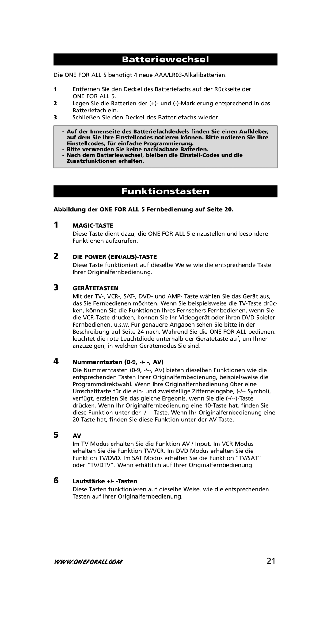 One for All URC-7780 warranty Batteriewechsel, Funktionstasten, Magic-Taste, DIE Power EIN/AUS-TASTE, Gerätetasten 