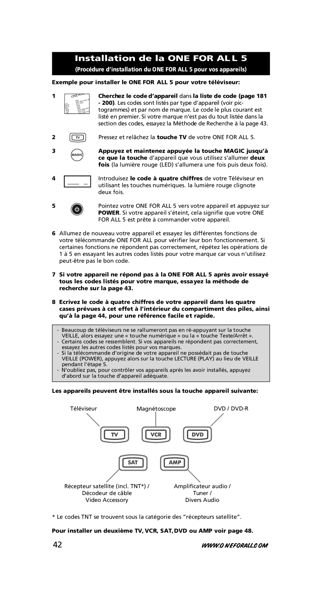 One for All URC-7780 warranty Installation de la ONE for ALL, Pour installer un deuxième TV, VCR, SAT, DVD ou AMP voir 