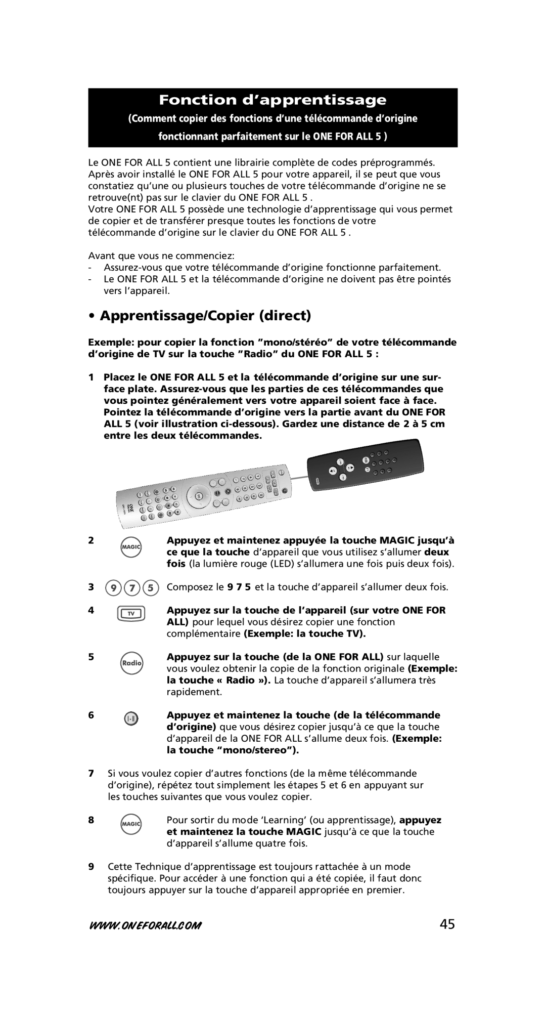 One for All URC-7780 warranty Fonction d’apprentissage, Apprentissage/Copier direct 