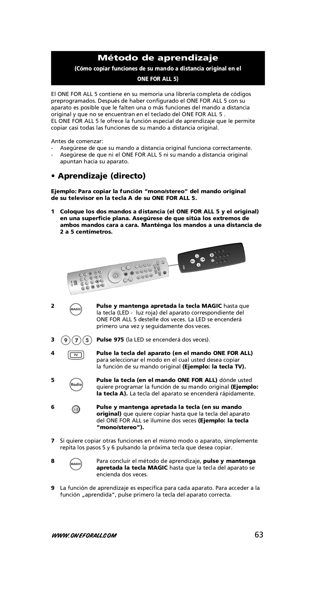 One for All URC-7780 Método de aprendizaje, Aprendizaje directo, Pulse la tecla en el mando ONE for ALL dónde usted 