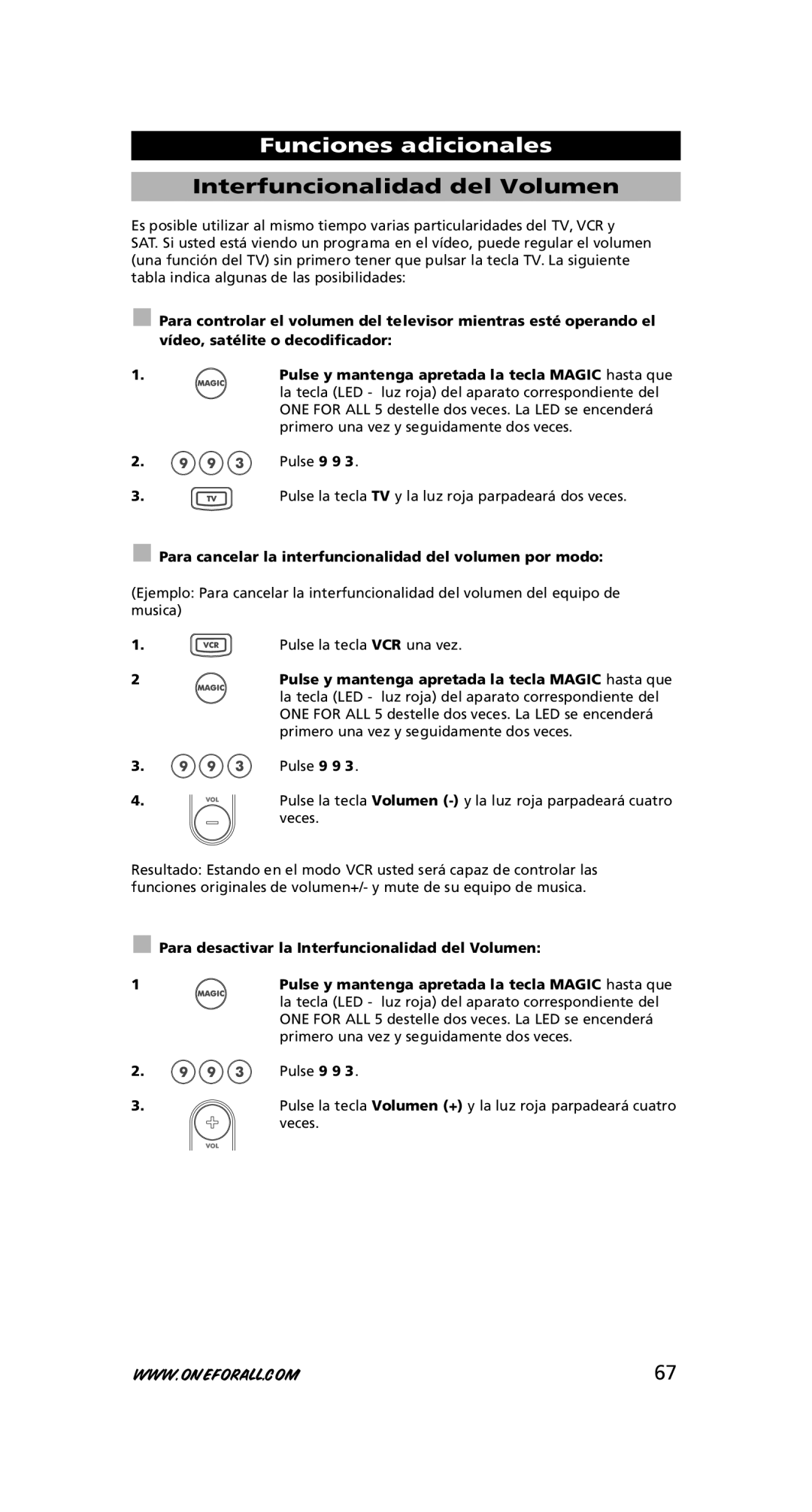 One for All URC-7780 warranty Interfuncionalidad del Volumen, Para cancelar la interfuncionalidad del volumen por modo 
