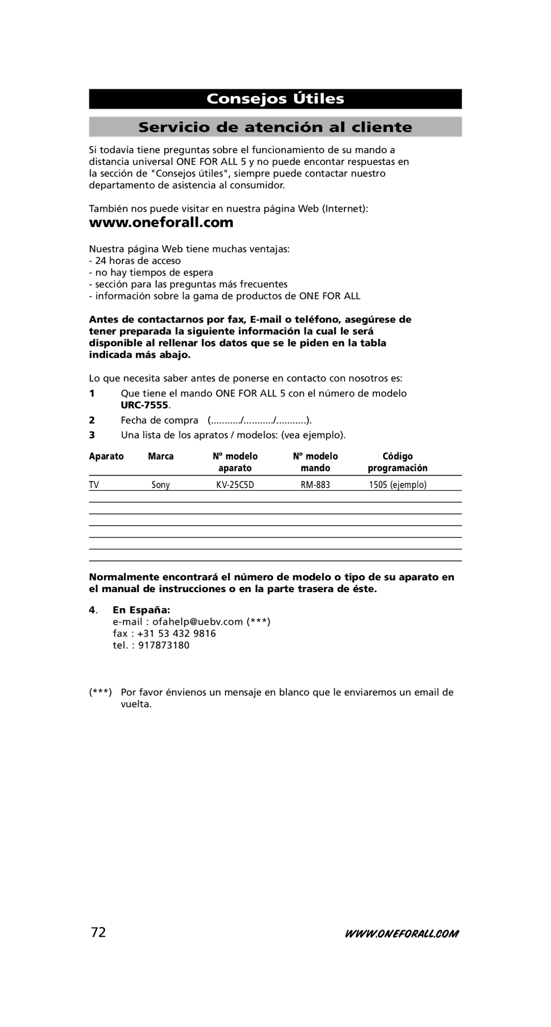 One for All URC-7780 warranty Consejos Útiles, Servicio de atención al cliente, Aparato 