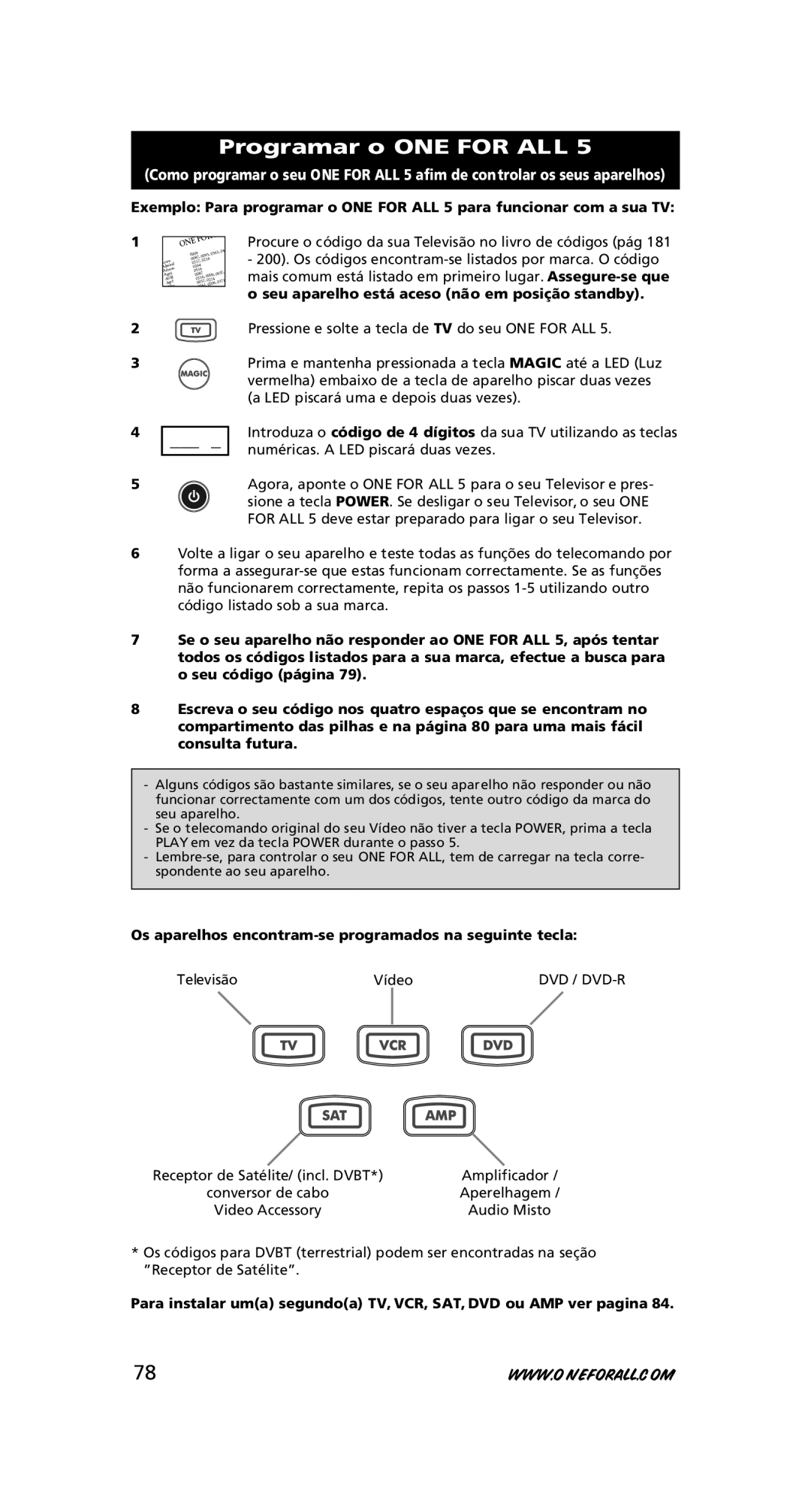 One for All URC-7780 warranty Programar o ONE for ALL, Os aparelhos encontram-se programados na seguinte tecla 