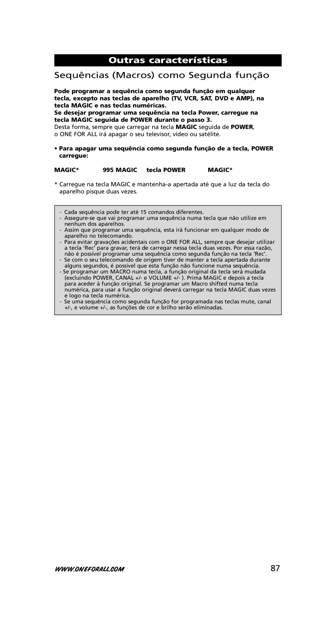 One for All URC-7780 warranty Sequências Macros como Segunda função, Magic tecla Power 