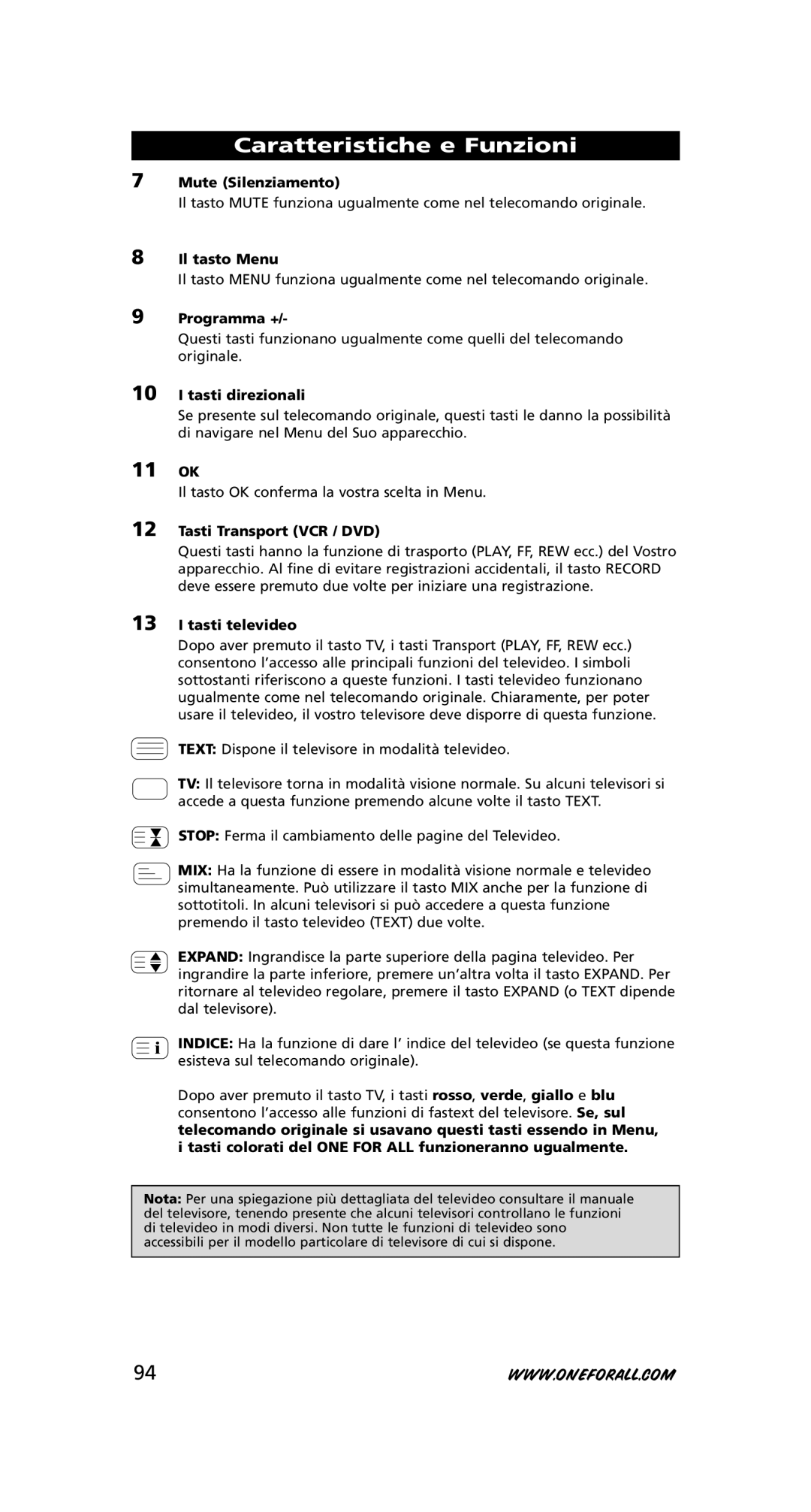 One for All URC-7780 warranty Mute Silenziamento, Il tasto Menu, Programma +, Tasti direzionali, Tasti Transport VCR / DVD 