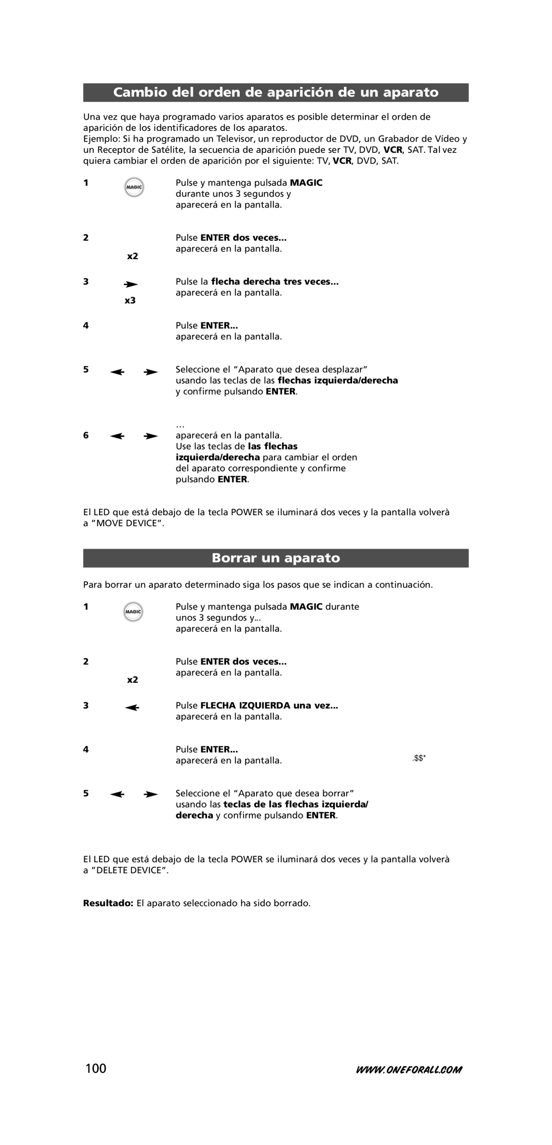 One for All URC-7781 warranty Cambio del orden de aparición de un aparato, Borrar un aparato, 100 