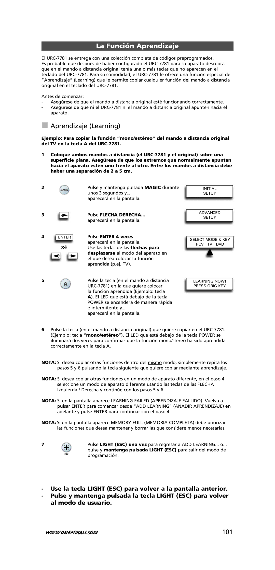 One for All URC-7781 La Función Aprendizaje, Aprendizaje Learning, 101, Pulse Enter 4 veces aparecerá en la pantalla 