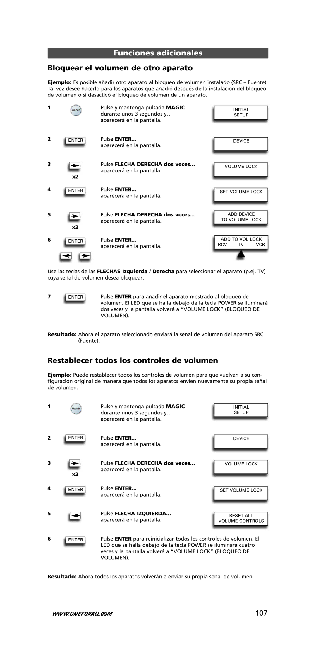 One for All URC-7781 warranty Bloquear el volumen de otro aparato, Restablecer todos los controles de volumen, 107 