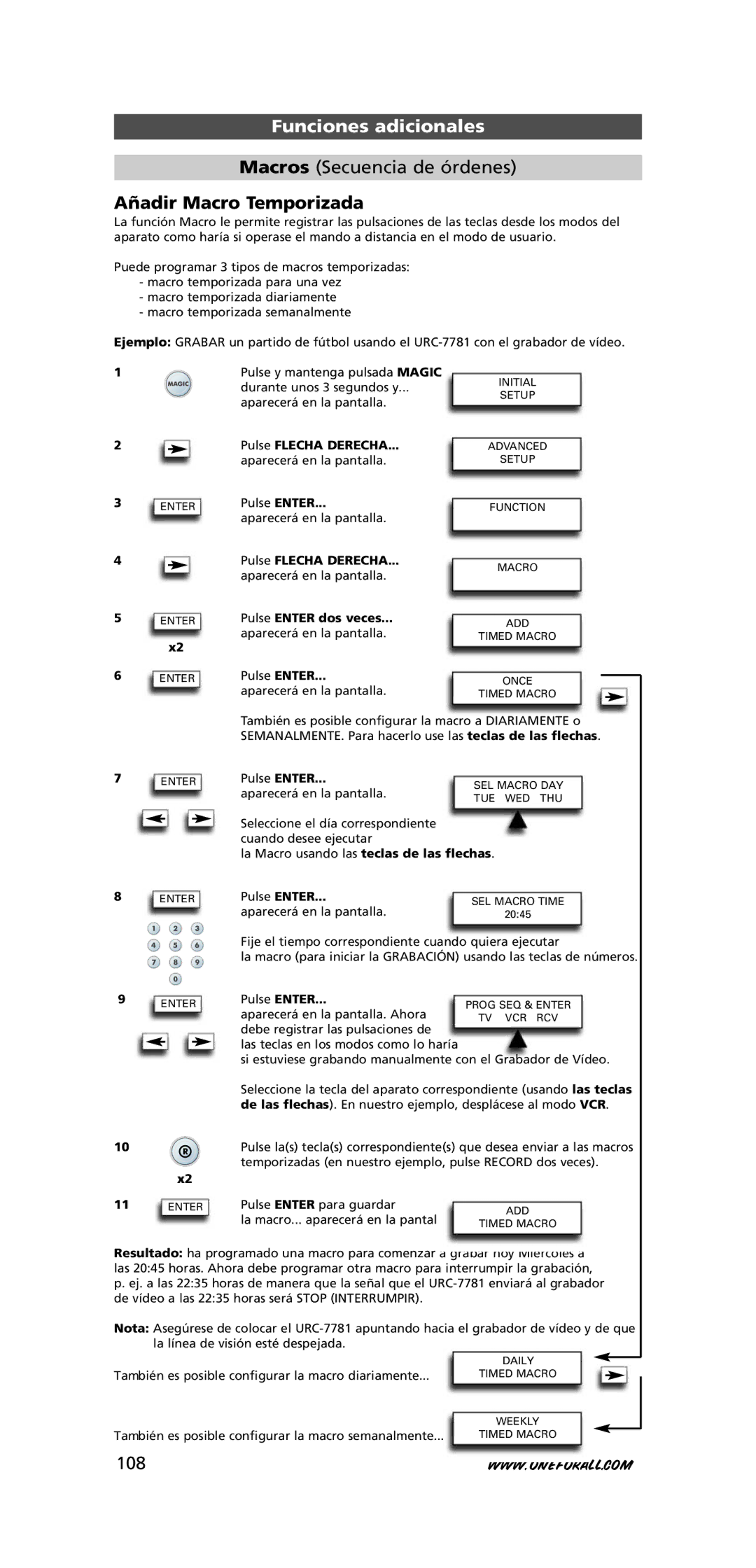 One for All URC-7781 warranty Macros Secuencia de órdenes, Añadir Macro Temporizada, 108 
