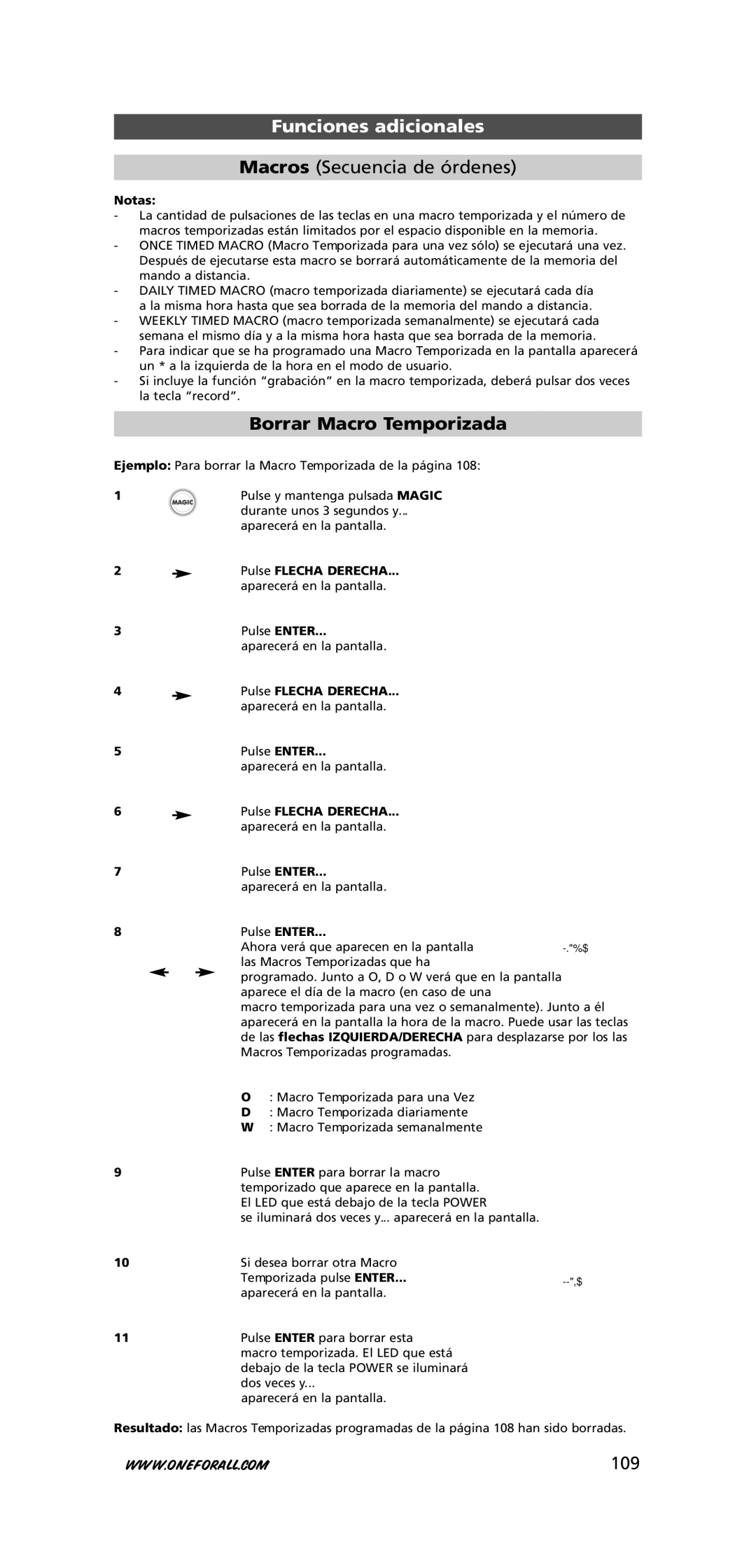 One for All URC-7781 warranty Borrar Macro Temporizada, 109, Notas, Ahora verá que aparecen en la pantalla 