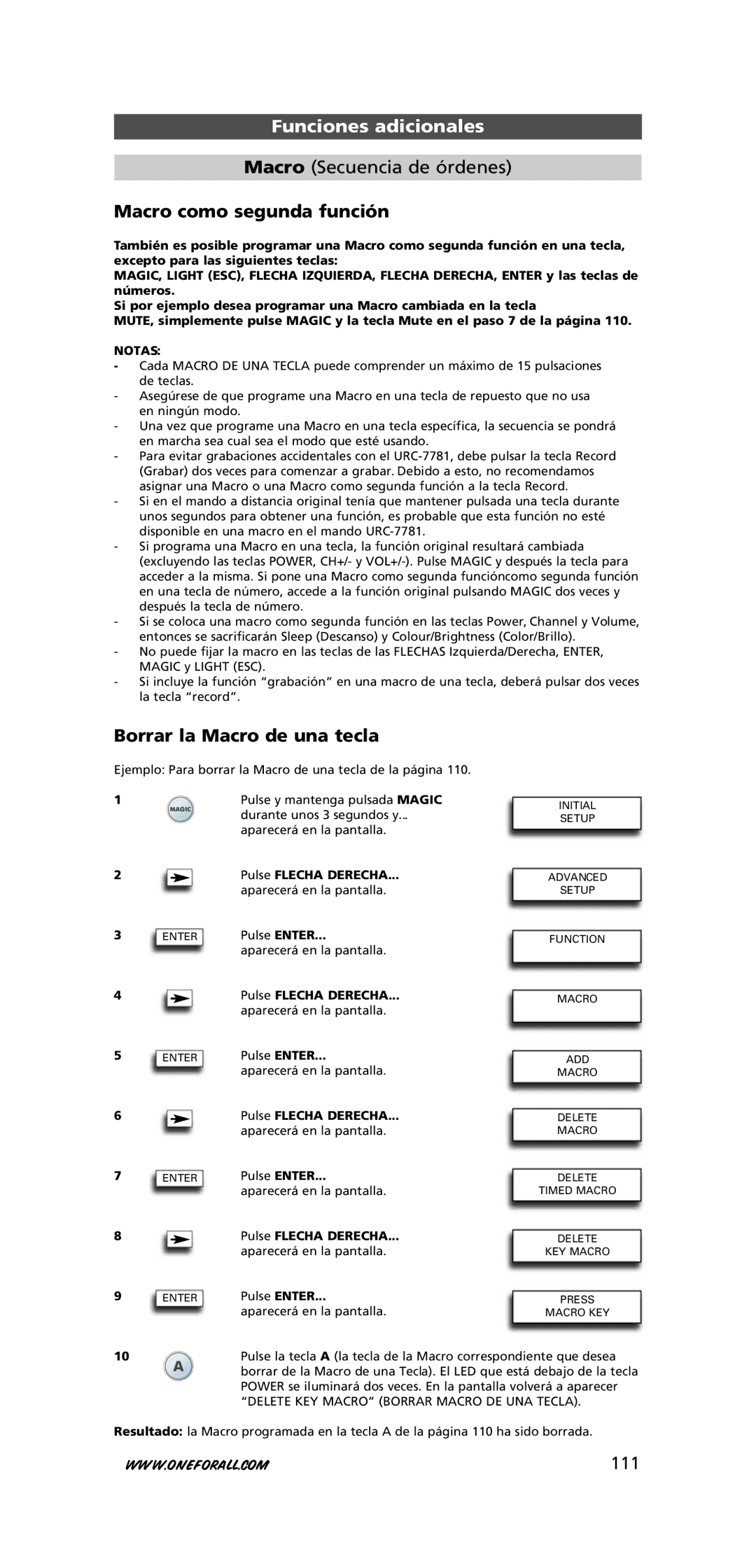 One for All URC-7781 warranty Macro como segunda función, Borrar la Macro de una tecla, 111, Notas 