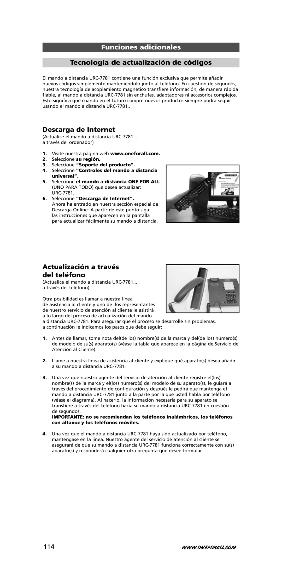 One for All URC-7781 Tecnología de actualización de códigos, Descarga de Internet, Actualización a través del teléfono 