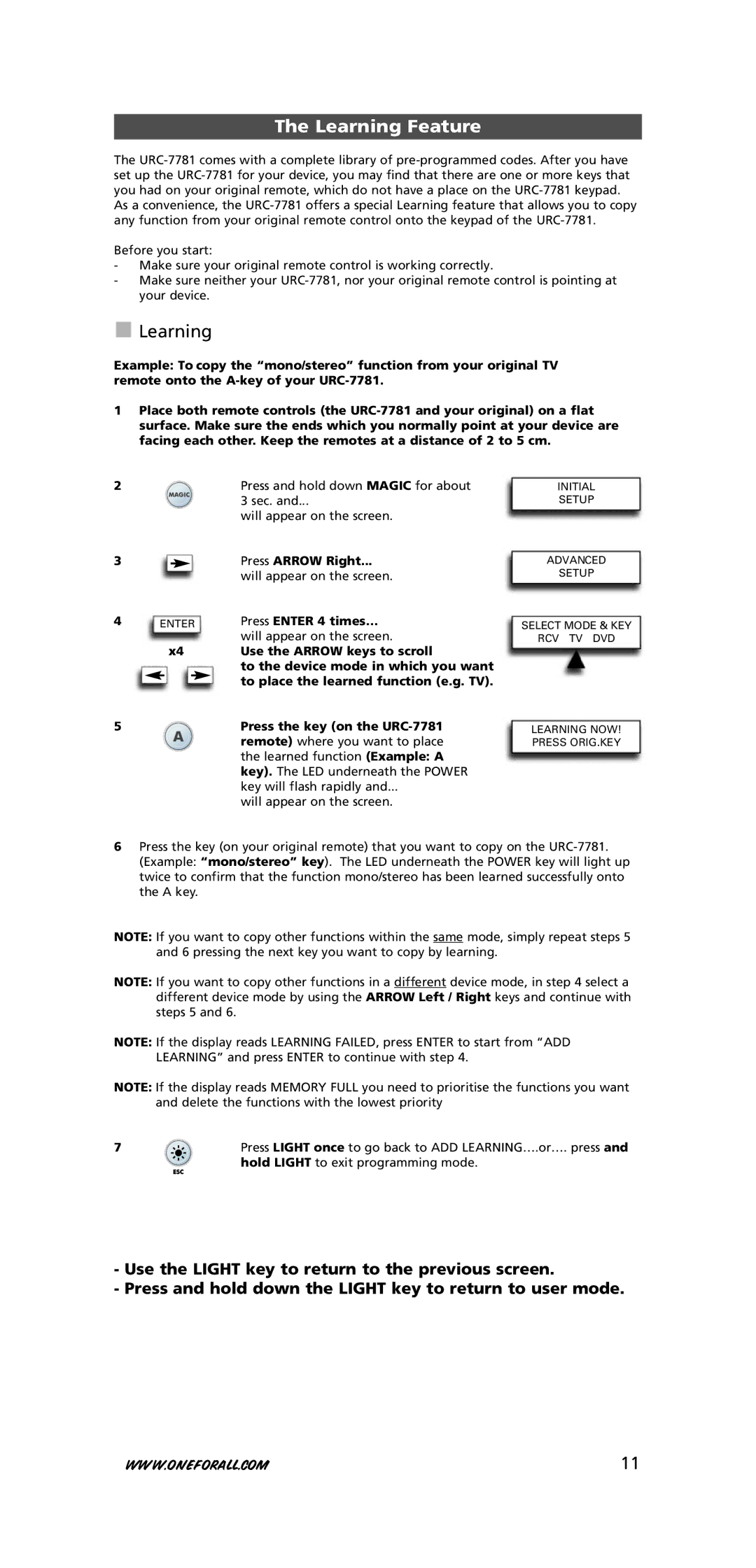 One for All warranty Learning Feature, Press the key on the URC-7781, Remote where you want to place 