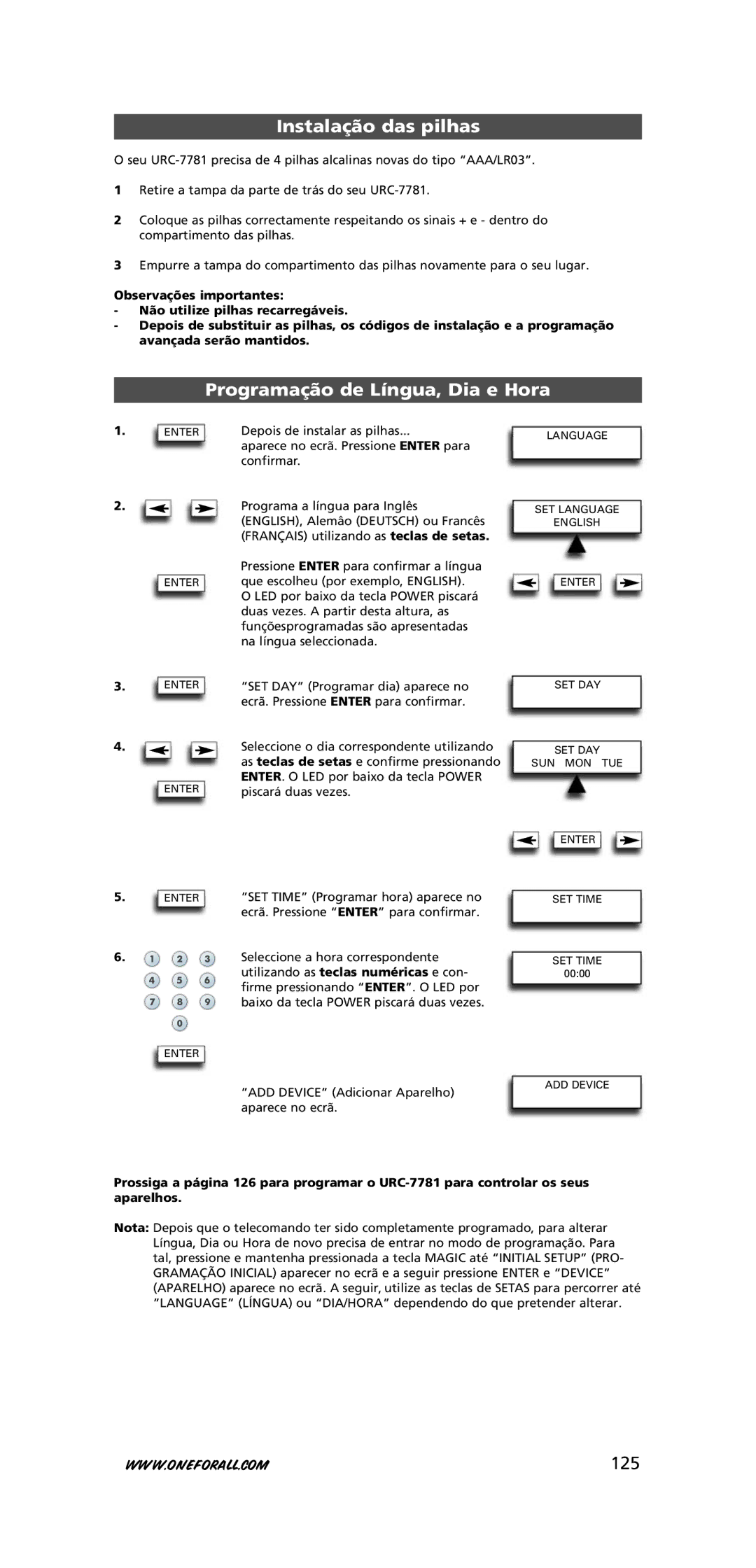 One for All URC-7781 warranty Instalação das pilhas, Programação de Língua, Dia e Hora, 125 
