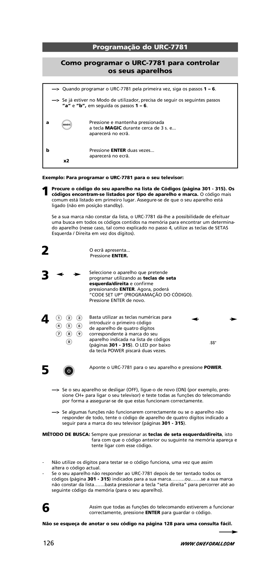 One for All warranty Programação do URC-7781, Como programar o URC-7781 para controlar Os seus aparelhos, 126 