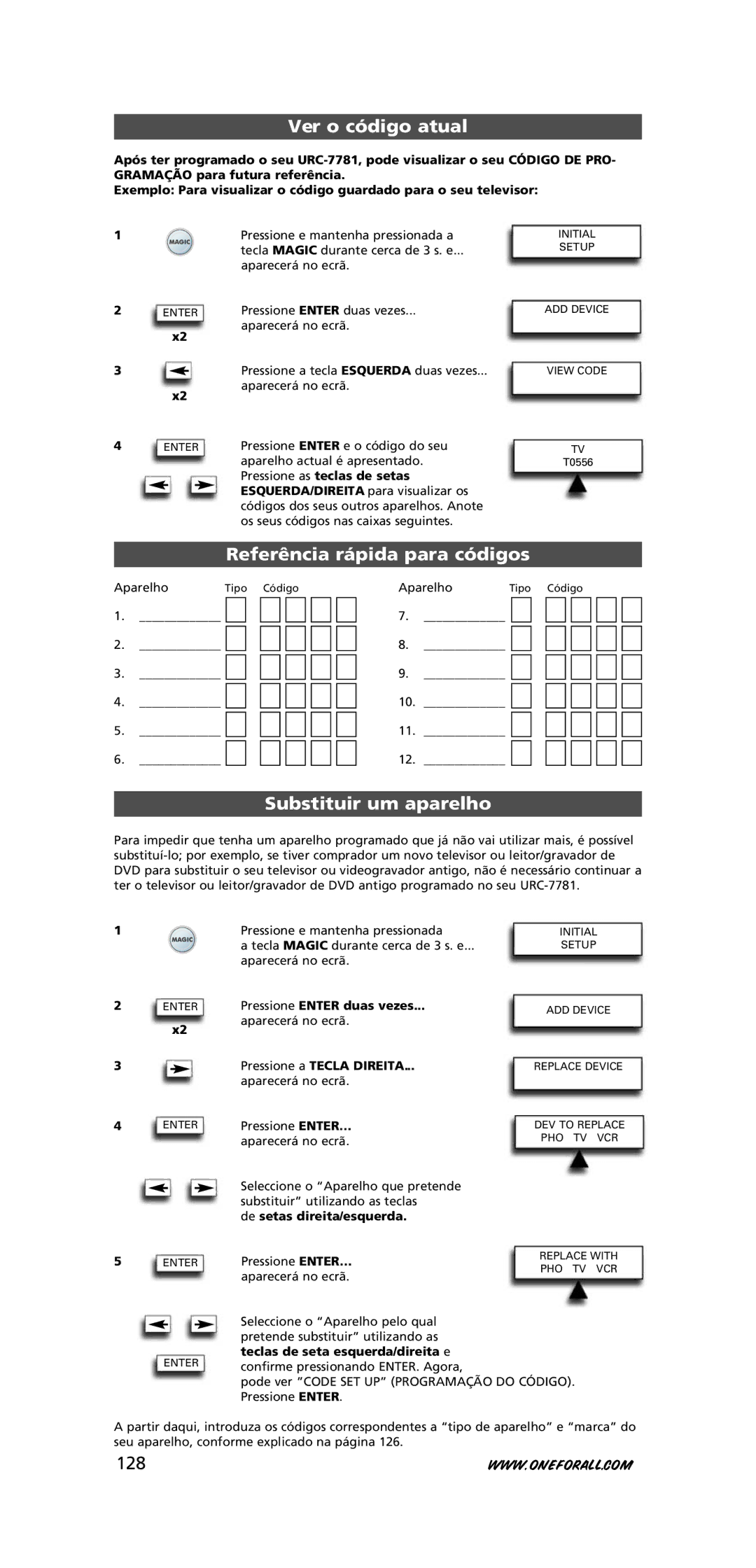 One for All URC-7781 warranty Ver o código atual, Referência rápida para códigos, Substituir um aparelho, 128 