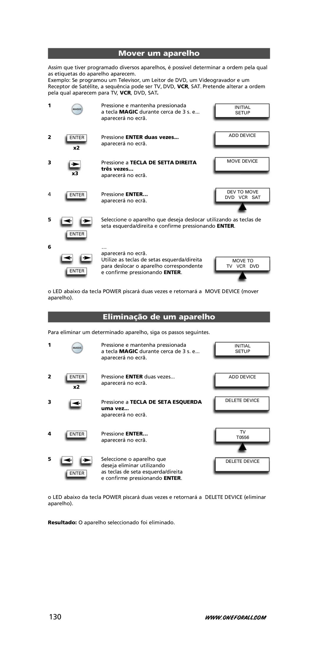One for All URC-7781 Mover um aparelho, Eliminação de um aparelho, 130, Pressione a Tecla DE Setta Direita Três vezes 