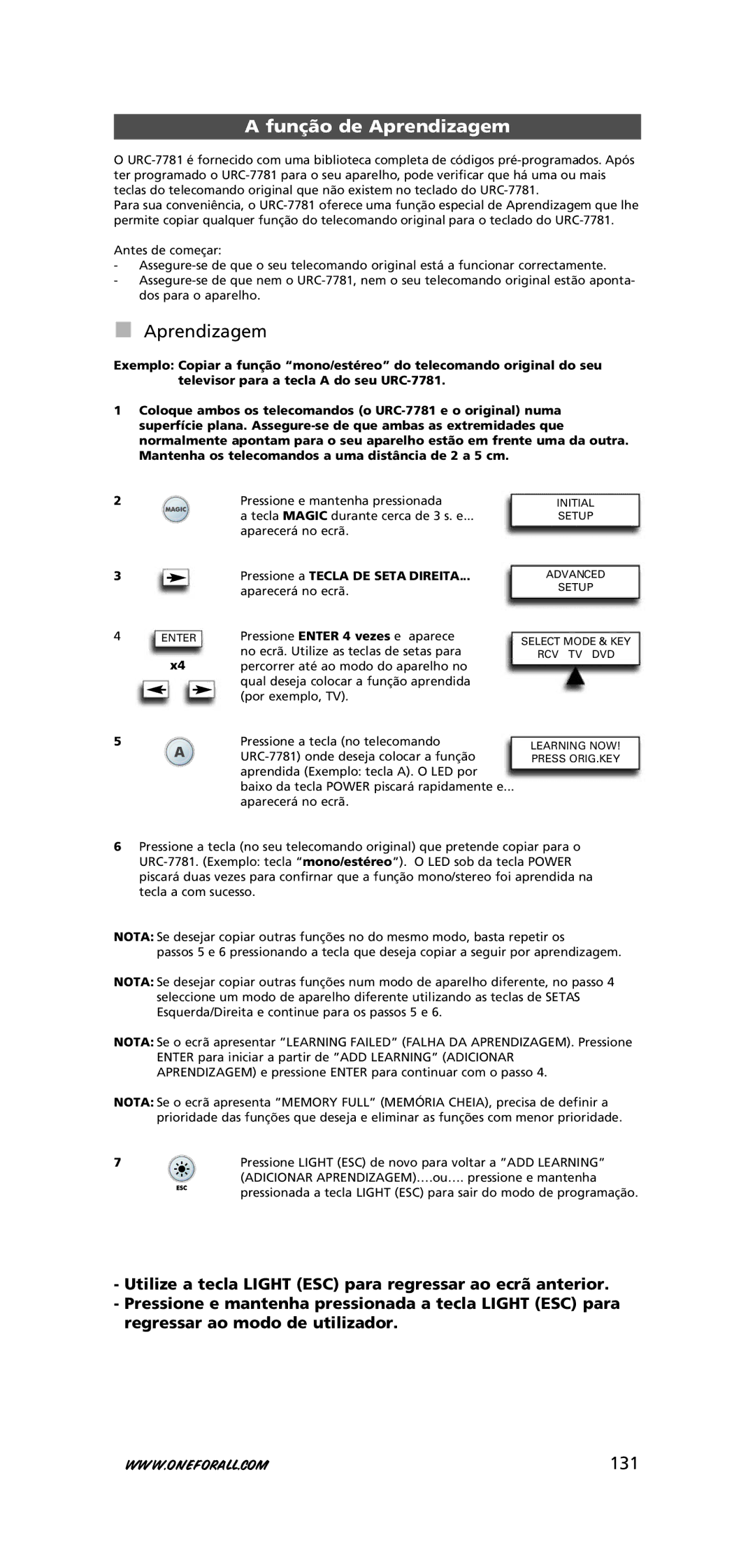 One for All URC-7781 warranty Função de Aprendizagem, 131, Pressione a Tecla DE Seta Direita 